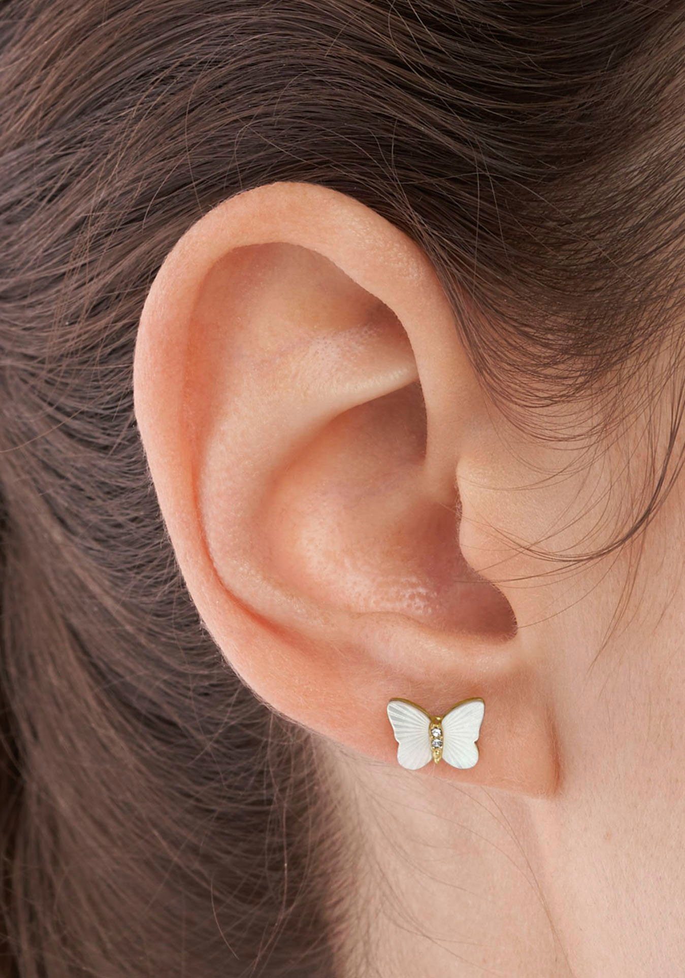 Fossil Paar Ohrstecker Schmuck Geschenk Edelstahl Ohrringe JEWELRY Schmetterlinge, mit Zirkonia (synth) - mit Perlmutt