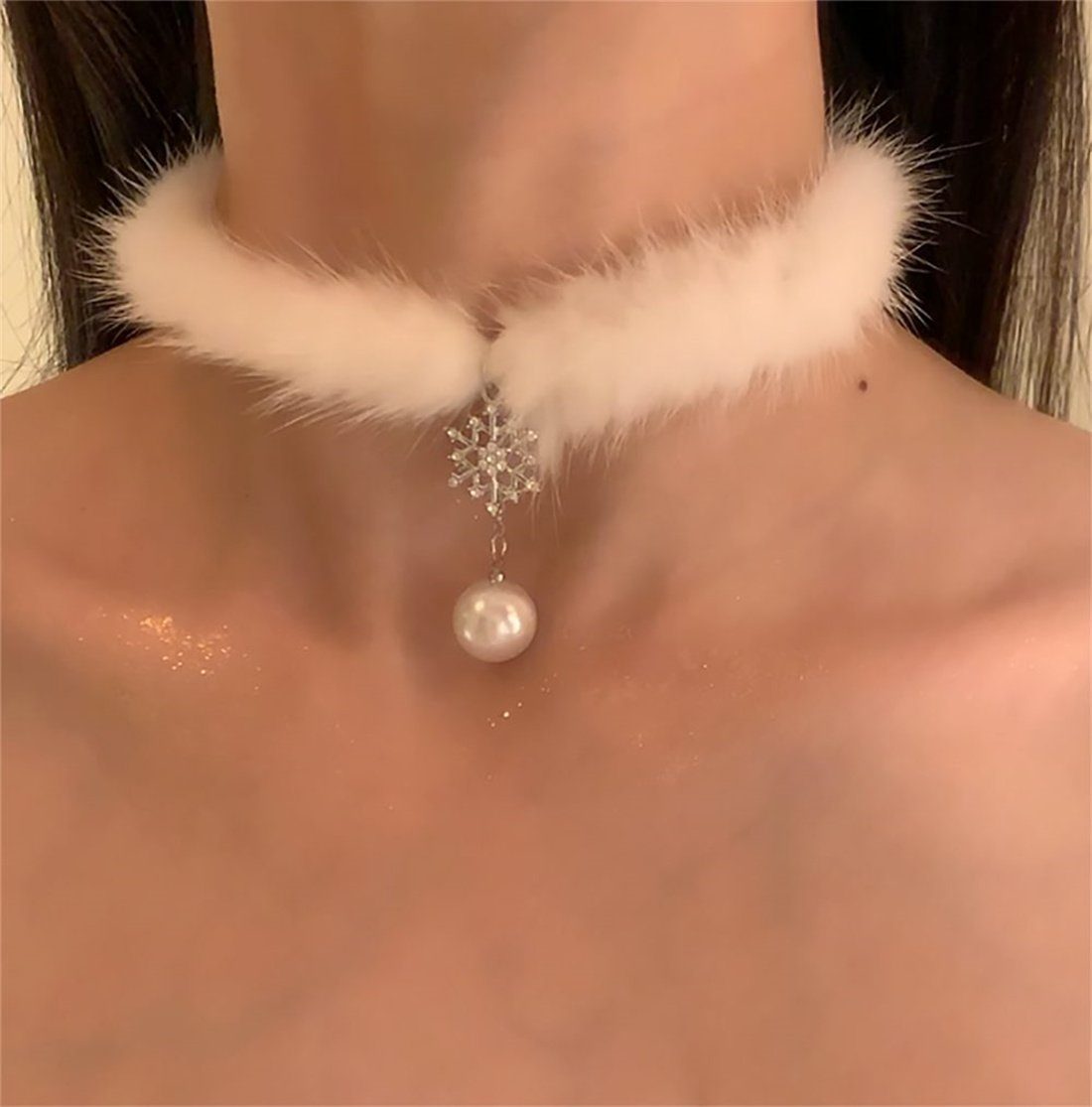 Geschenk Frauen Zarte künstliche (1-tlg) DAYUT Schneeflocke Perlenkette, Collier Plüsch für