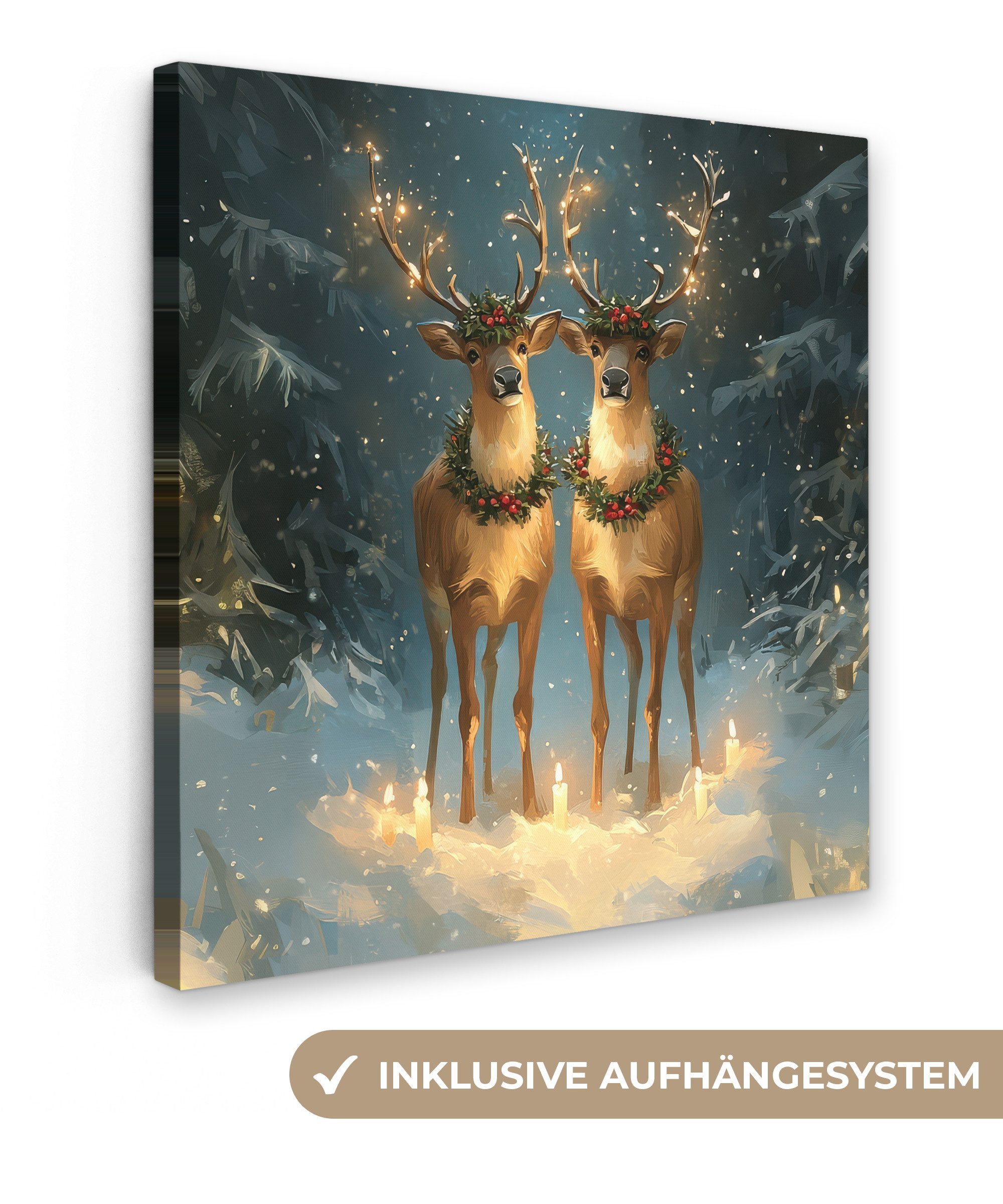 OneMillionCanvasses® Leinwandbild Kiefer-Märchen - Rentier - Nacht, Fotodruck (1 St), Wandbild, Deko Schlafzimmer Wohnzimmer Flur 20x20 cm