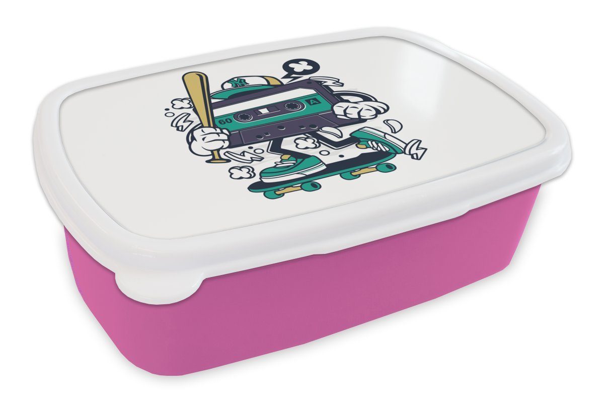 Lunchbox Baseballschläger Skateboard Mädchen, - für Kunststoff, Kassettenkassetten Brotdose Vintage, Kunststoff Snackbox, (2-tlg), Kinder, rosa - MuchoWow Erwachsene, - Brotbox