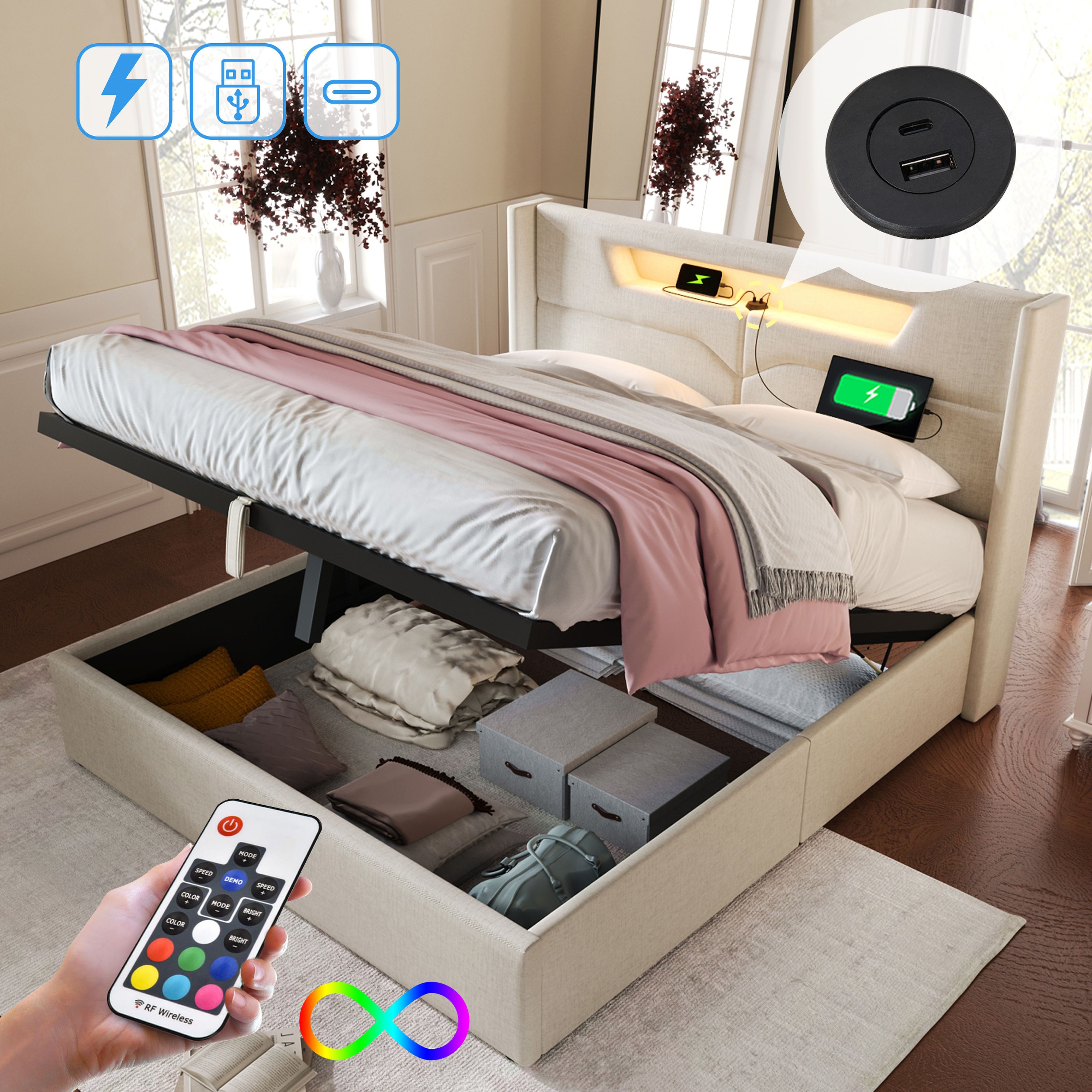 BlingBin Boxspringbett Stauraumbett Polsterbett (1-St., Funktionsbett günstig online kaufen