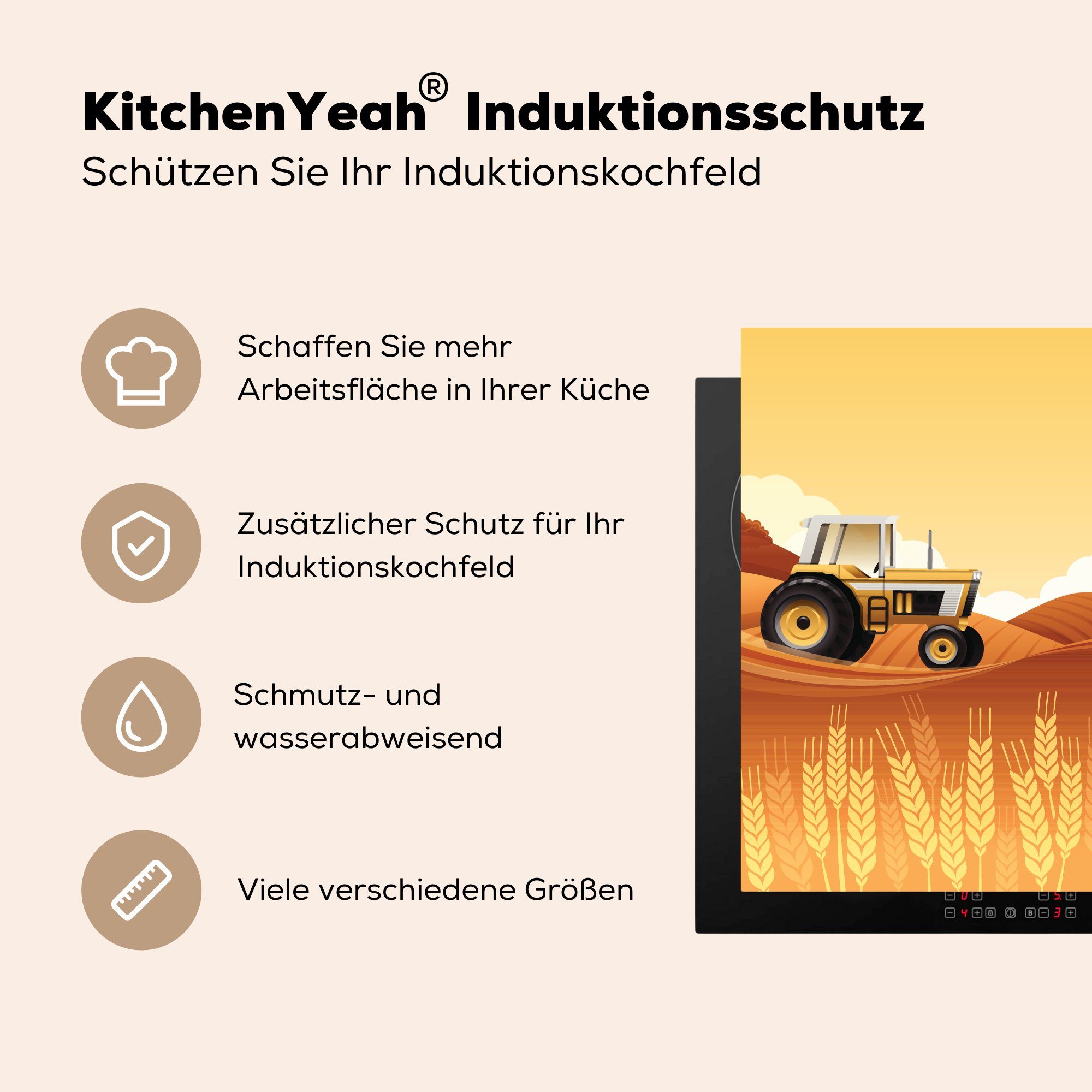 Vinyl, küche Orange 78x78 für (1 cm, Getreide, Ceranfeldabdeckung, Arbeitsplatte Herdblende-/Abdeckplatte - - MuchoWow tlg), Traktor