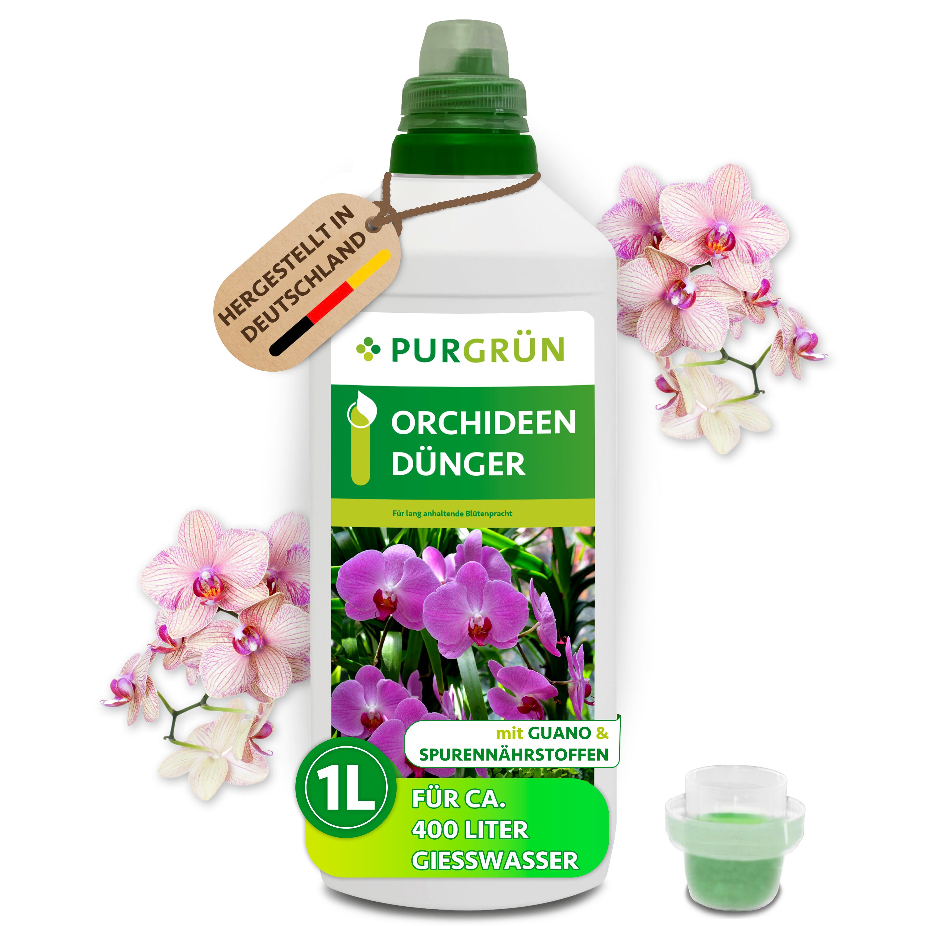 Purgrün Удобрение для цветов Purgrün Orchideen Удобрение, NPK 7+5+6, für Blütenpracht, 1L, Flüssigdünger, 1-St., Gesunde Wurzeln durch optimalen Phosphoranteil