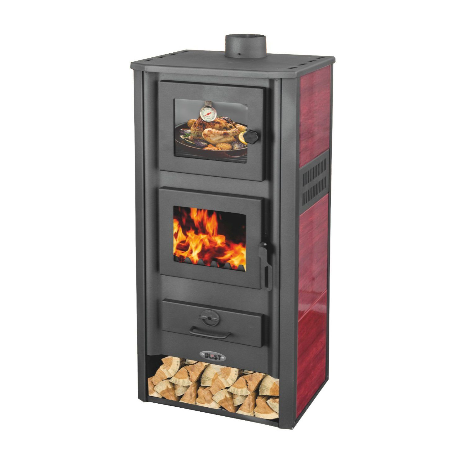 Blist Kaminofen mit Backfach Rot Holzofen Kamin Ambasador Ofen Dauerbrandofen, 12,10 kW, zum Heizen & Backen ohne Strom / Gas