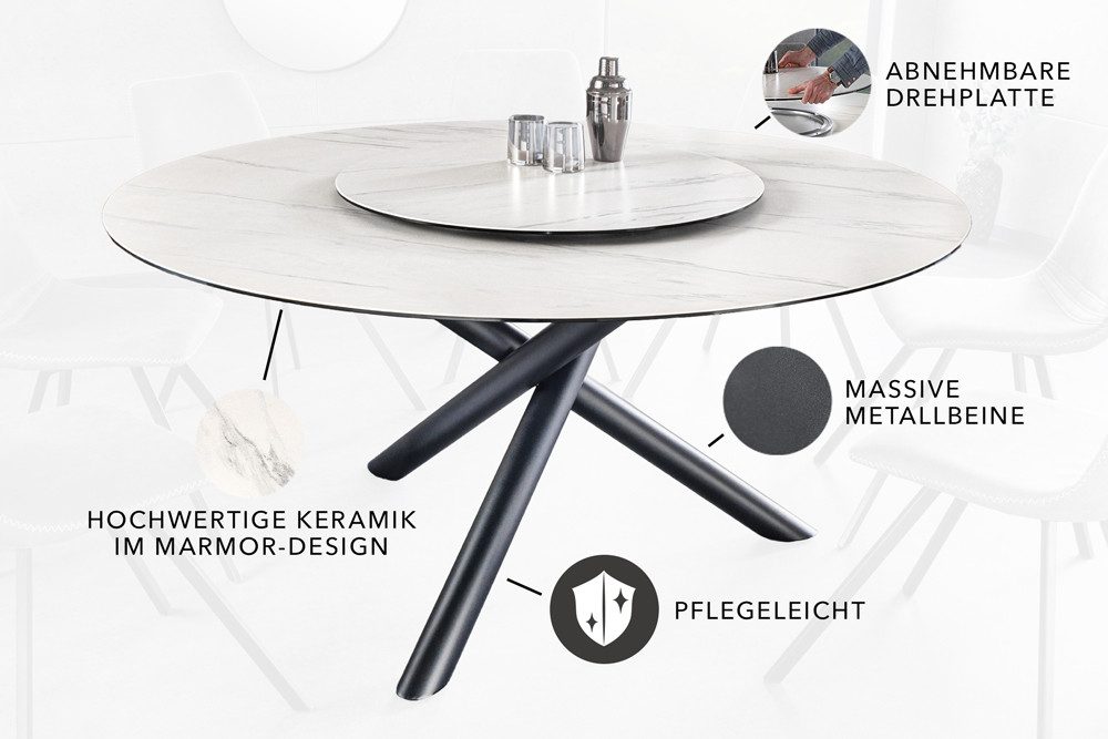 riess-ambiente Esstisch SPIN 150cm weiß/schwarz - Keramik, Metall, mit abnehmbarer Drehplatte (Einzelartikel, 1-St), runde Platte im Marmor-Look mit 360° Lazy Susan - ideal für 6 Personen