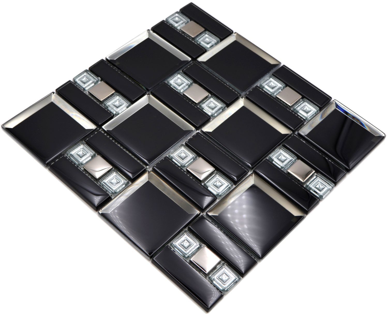 Mosani Wandfliese Glasmosaik Mosaikfliese schwarz silber glänzend, Schwarz