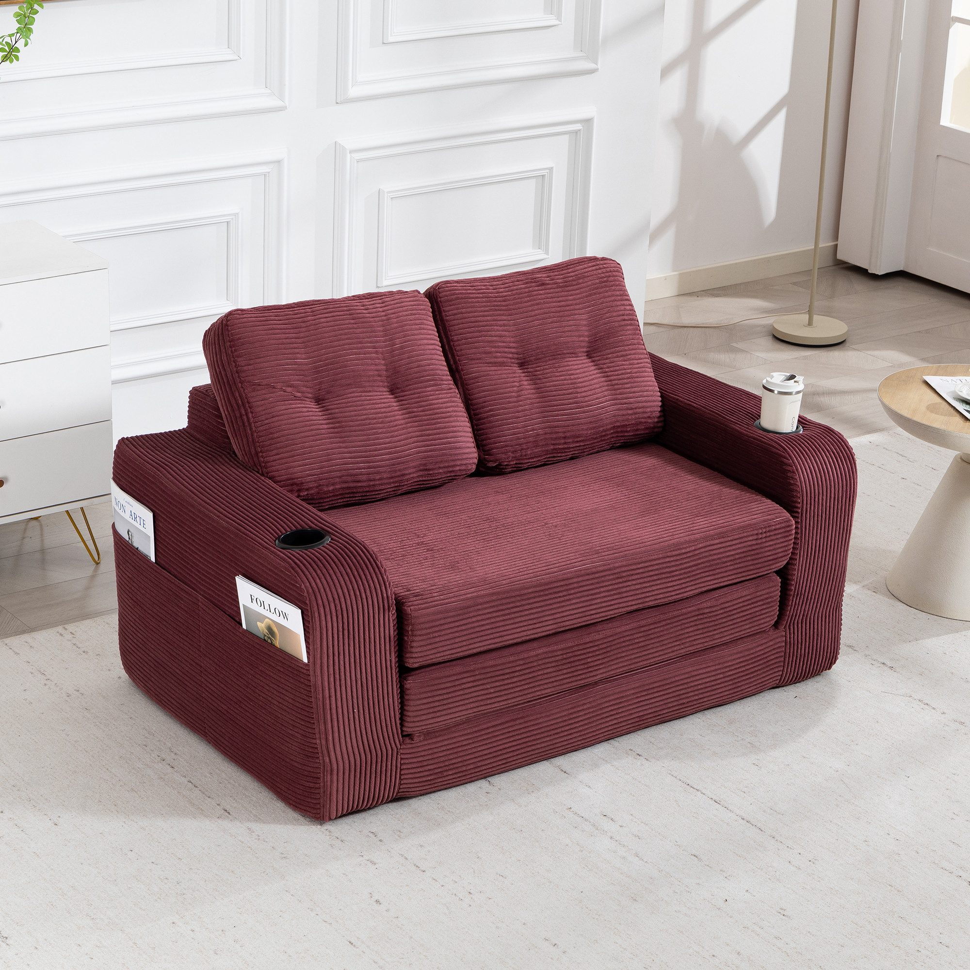 HAUSS SPOLE Schlafsofa Wohnzimmer Umbaufunktion,Modulares Bodensofa Zweisitzer,Cord Weinrot, Zweisitziges Sofa mit Seitentaschen und Getränkehaltern, umbaubarer Doppel-Sitzsack mit gesteppten Kissen und Rückenlehne
