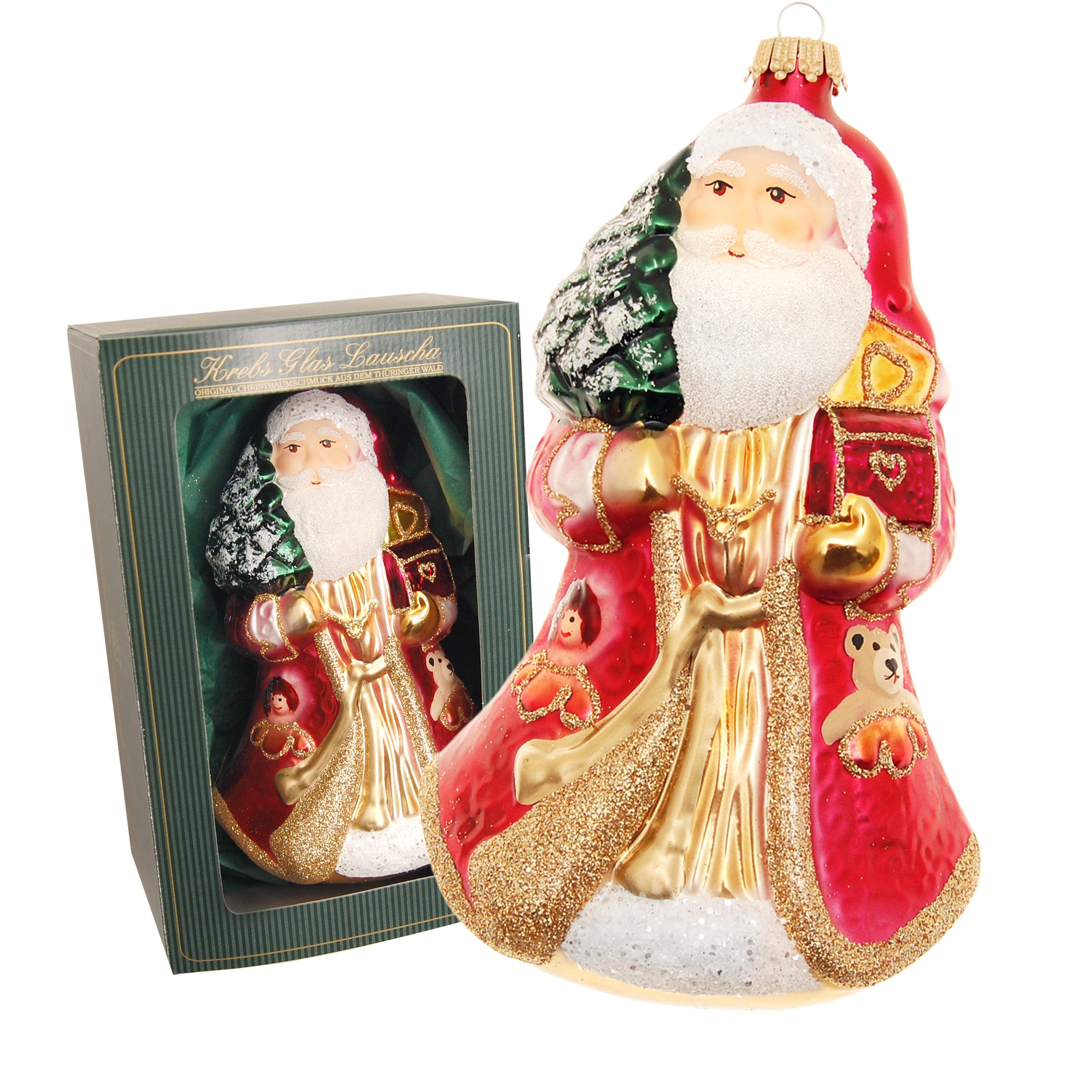 Krebs Glas Lauscha Christbaumschmuck Glasfigur - Weihnachtsmann mit Schatztruhe - ca. 16cm, traditioneller Santa zum Anhängen an den Weihnachtsbaum