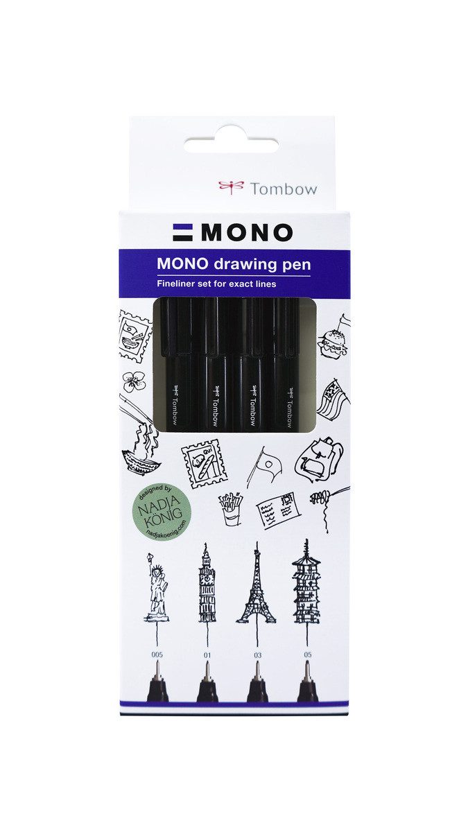 TOMBOW Fineliner MONO drawing pen, (4er Set, Strichstärke ca. 0,2 - 0,45 mm), Pigmenttinte, wasserresistent und wischfest