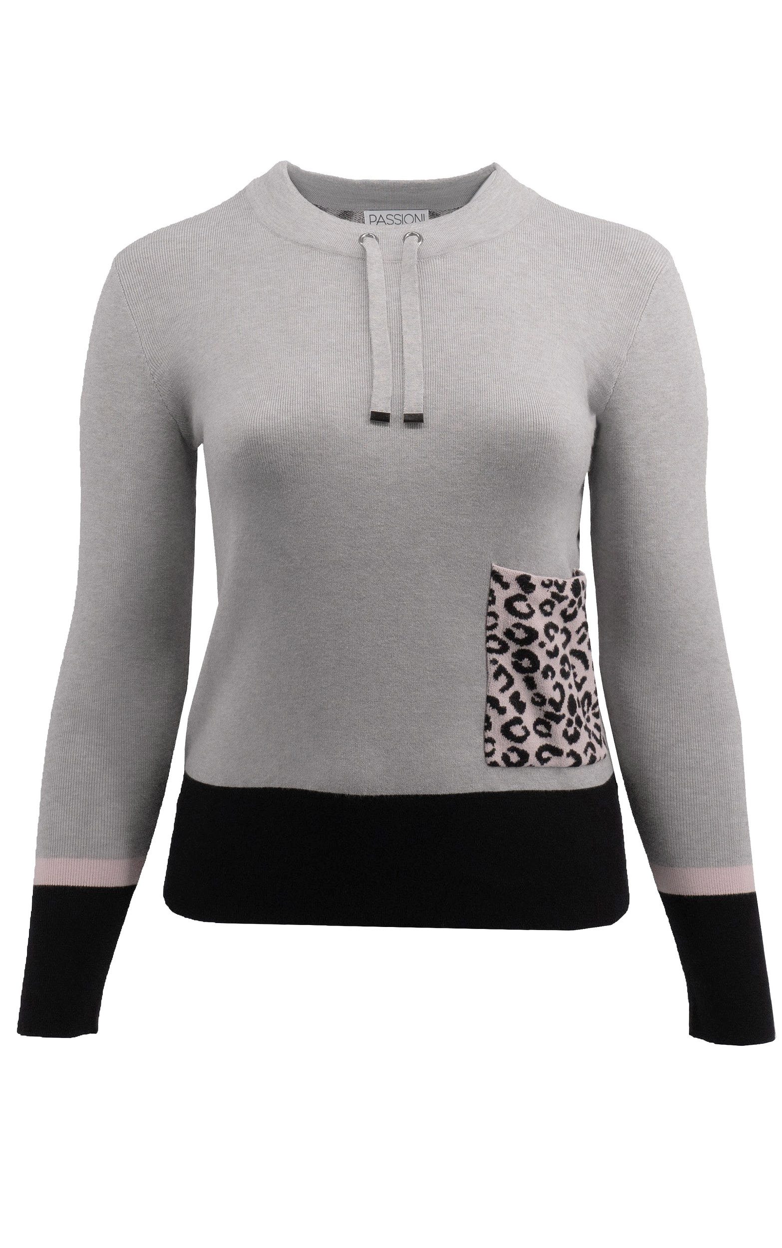 Passioni Strickpullover mit Leoprint und Tasche