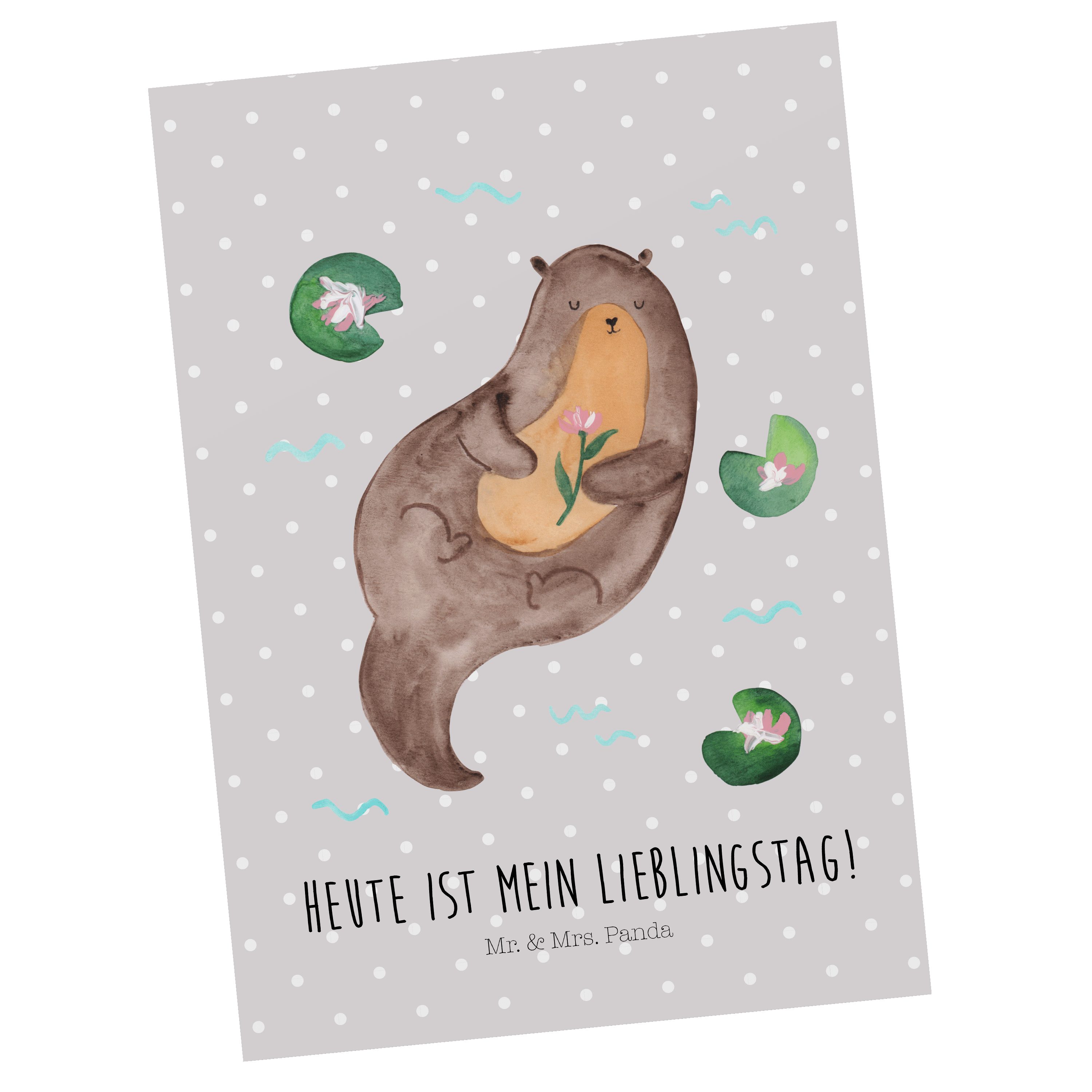 Mr. & Mrs. Panda Postkarte Otter mit Seerose - Grau Pastell - Geschenk, Otter Seeotter See Otter