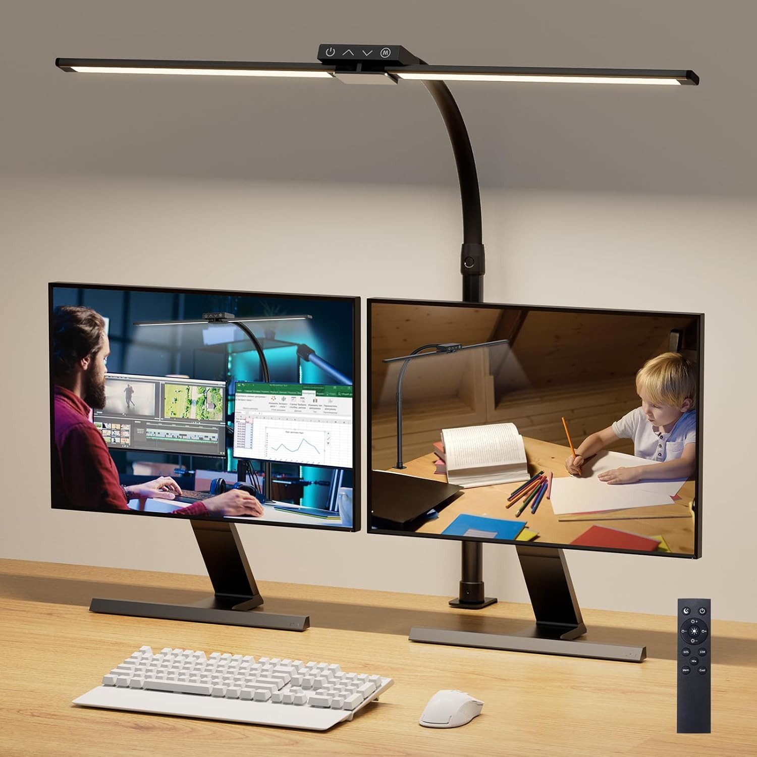 LED Schreibtischlampe 24W LED Doppelkopf Schwanenhals-Schreibtischlampe mit Klemmarm