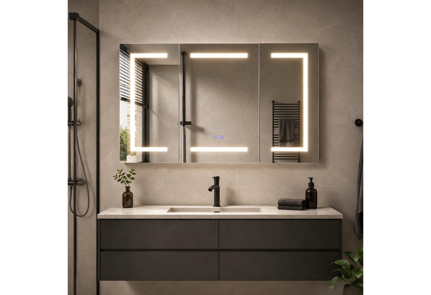 Simurq Spiegelschrank Badezimmerspiegelschrank 3 türig Hängeschrank mit LED Beleuchtung (3 Farbtemperaturen Dimmbar) Badspiegelschrank 100 x 13,5 x 60 cm mit Steckdosen, Anti-Fog