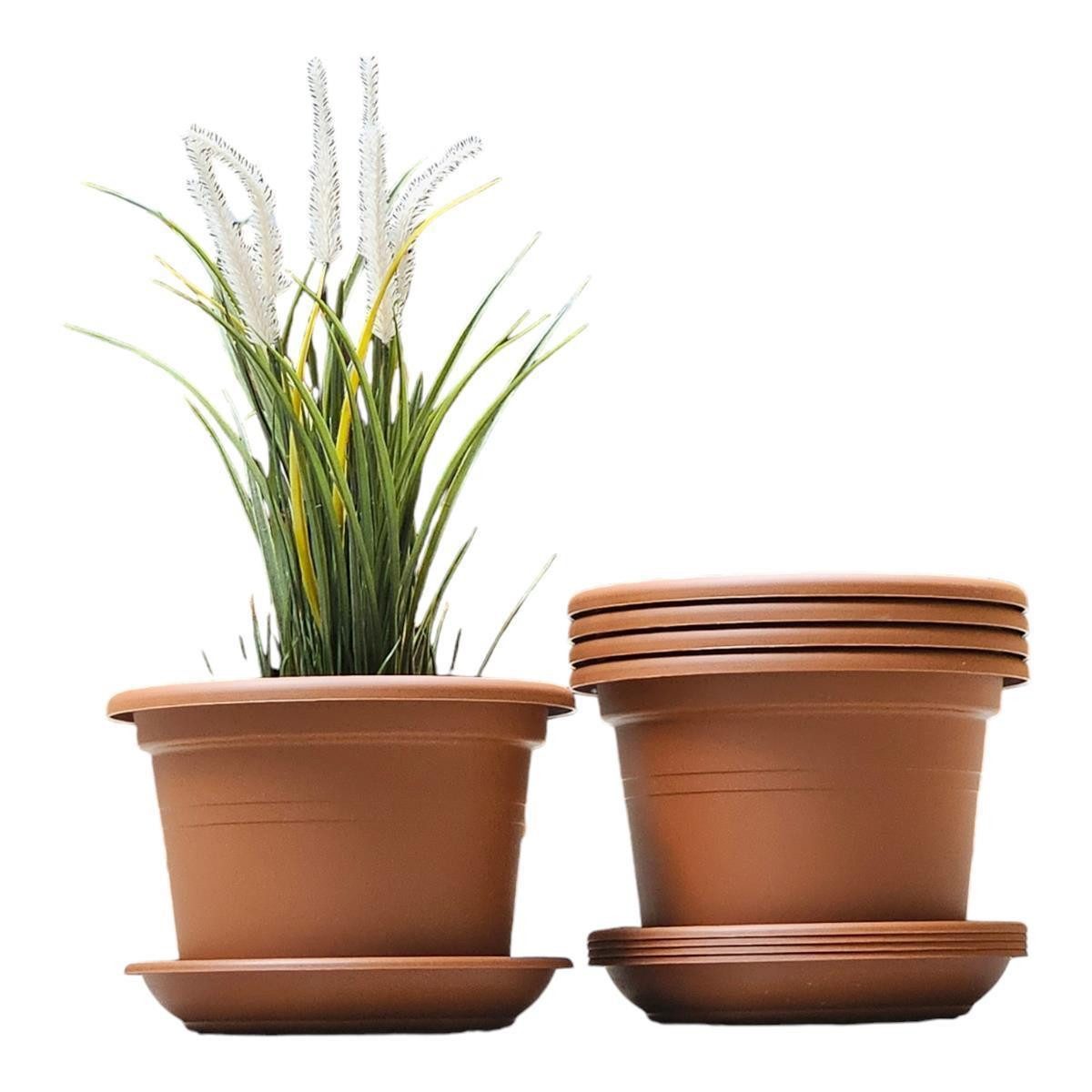 Teramico Übertopf 4er Set Pflanzgefäße 15cm Terrakotta mit Untersetzer aus Kunststoff, 100% Frostfest