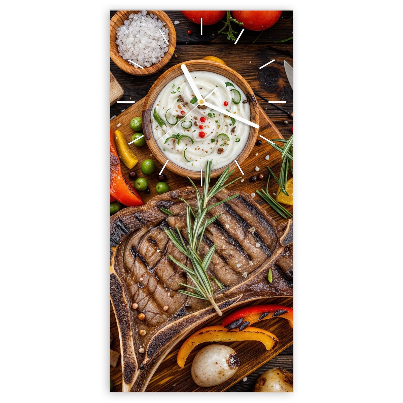 Wanduhr Glasuhr Wandkunst Größe 30 x 60 cm mit Motiv Grillmahlzeit