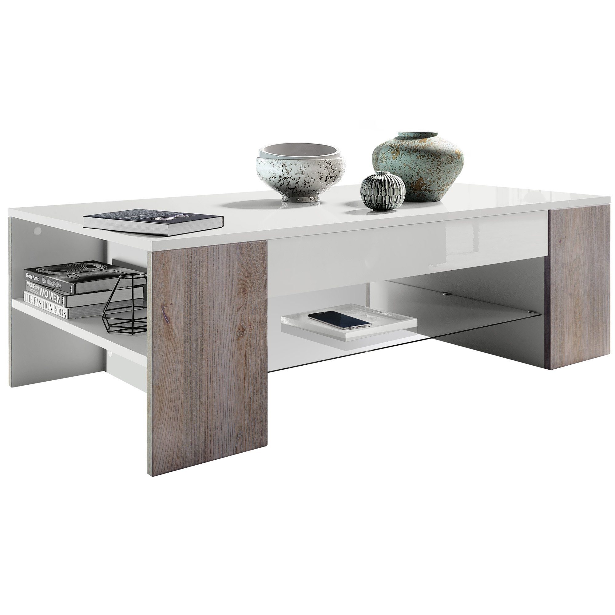 Vladon Couchtisch Clip (Wohnzimmertisch, mit 2 Seitenfächern und 1 Glasplatte), Weiß matt/ Eiche Nordic (118 x 37 x 60 cm)