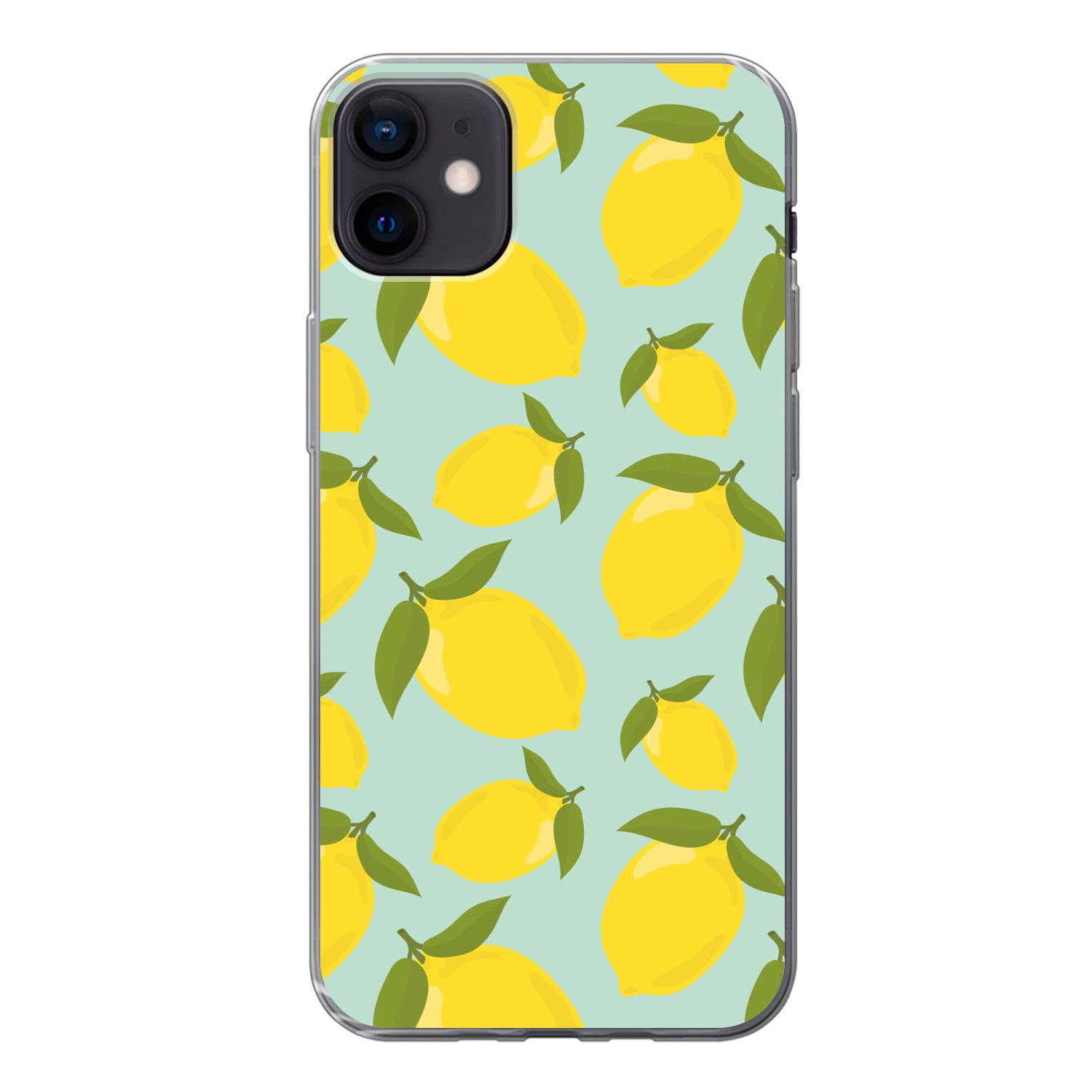 MuchoWow Handyhülle für Apple iPhone 12 mini Muster Zitronen - Gelb - Blau - Muster - Früc, Smartphone-Bumper, Print, Handy Schutzhülle Dünn
