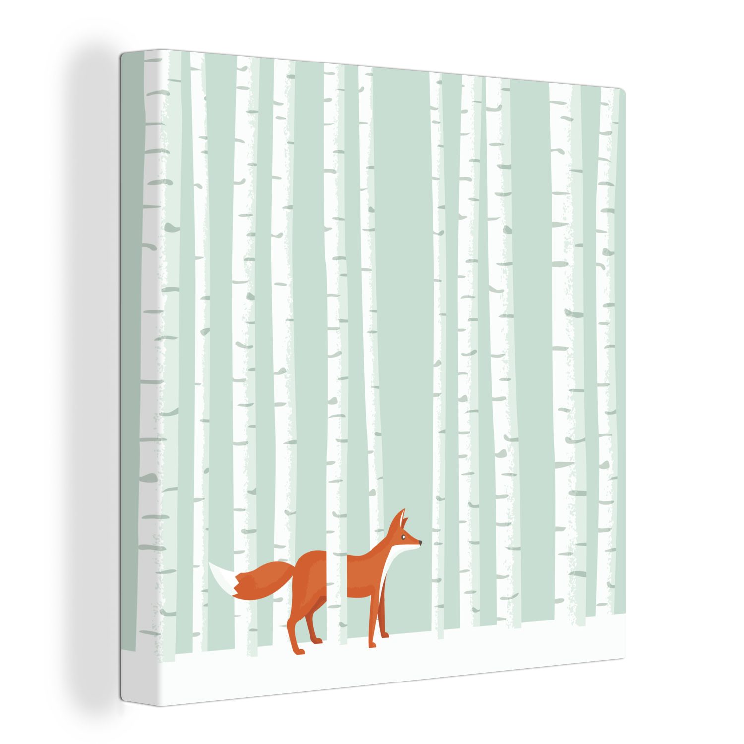 OneMillionCanvasses® Leinwandbild Eine Illustration eines Fuchses, der zwischen den Birken spazieren, (1 St), Leinwand Bilder für Wohnzimmer Schlafzimmer