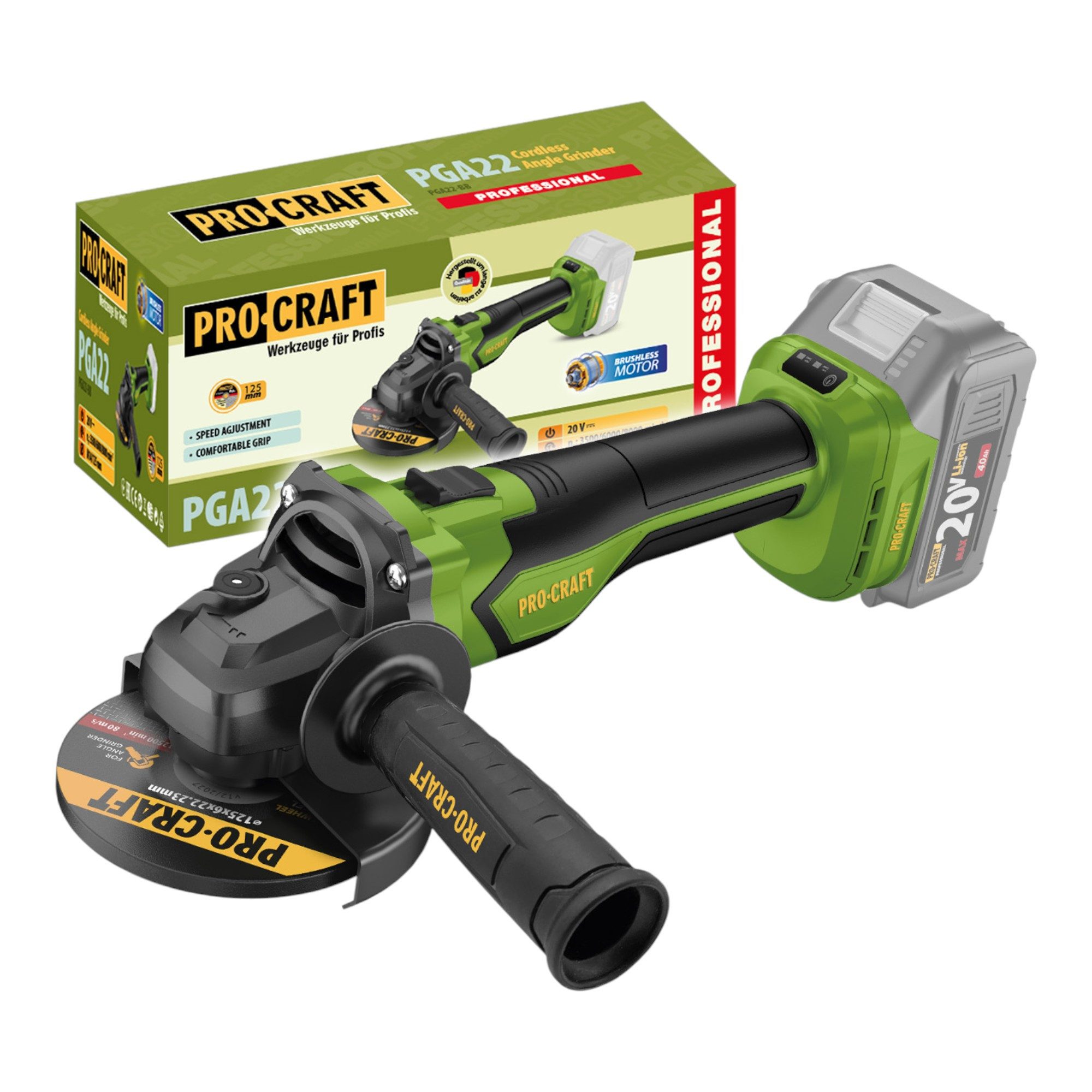 PRO CRAFT Akku-Winkelschleifer PGA22-BB Akku Winkelschleifer 20 V 125 mm Brushless Solo