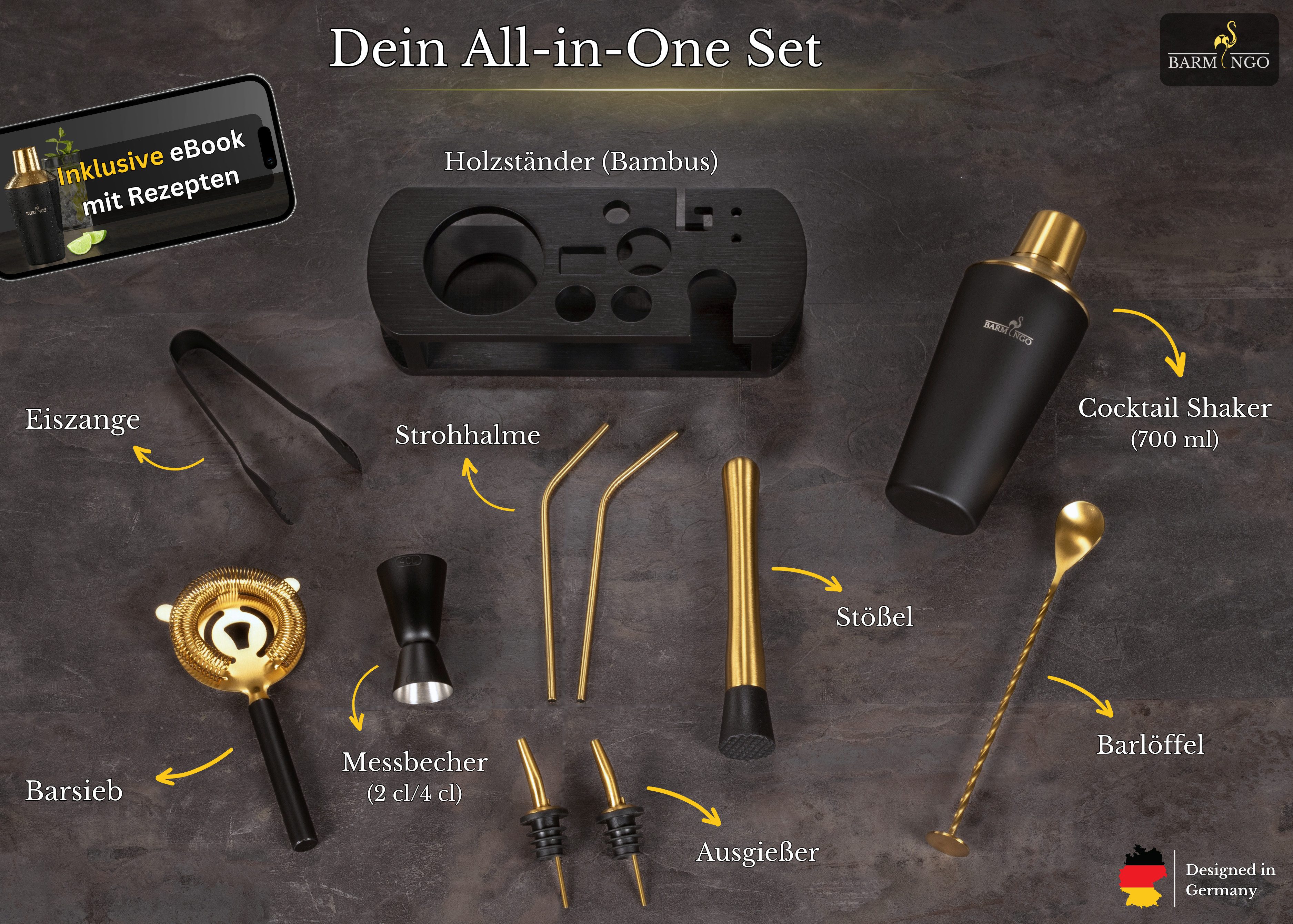 BARMINGO Cocktail-Set Edelstahl Cocktail Shaker Set (700 oder 500ml) mit Bar Zubehör, (Cocktailshaker Set, 11-tlg., für Profis und Anfänger), Cocktail Zubehör mit hochwertiger Beschichtung in stilvollen Farben