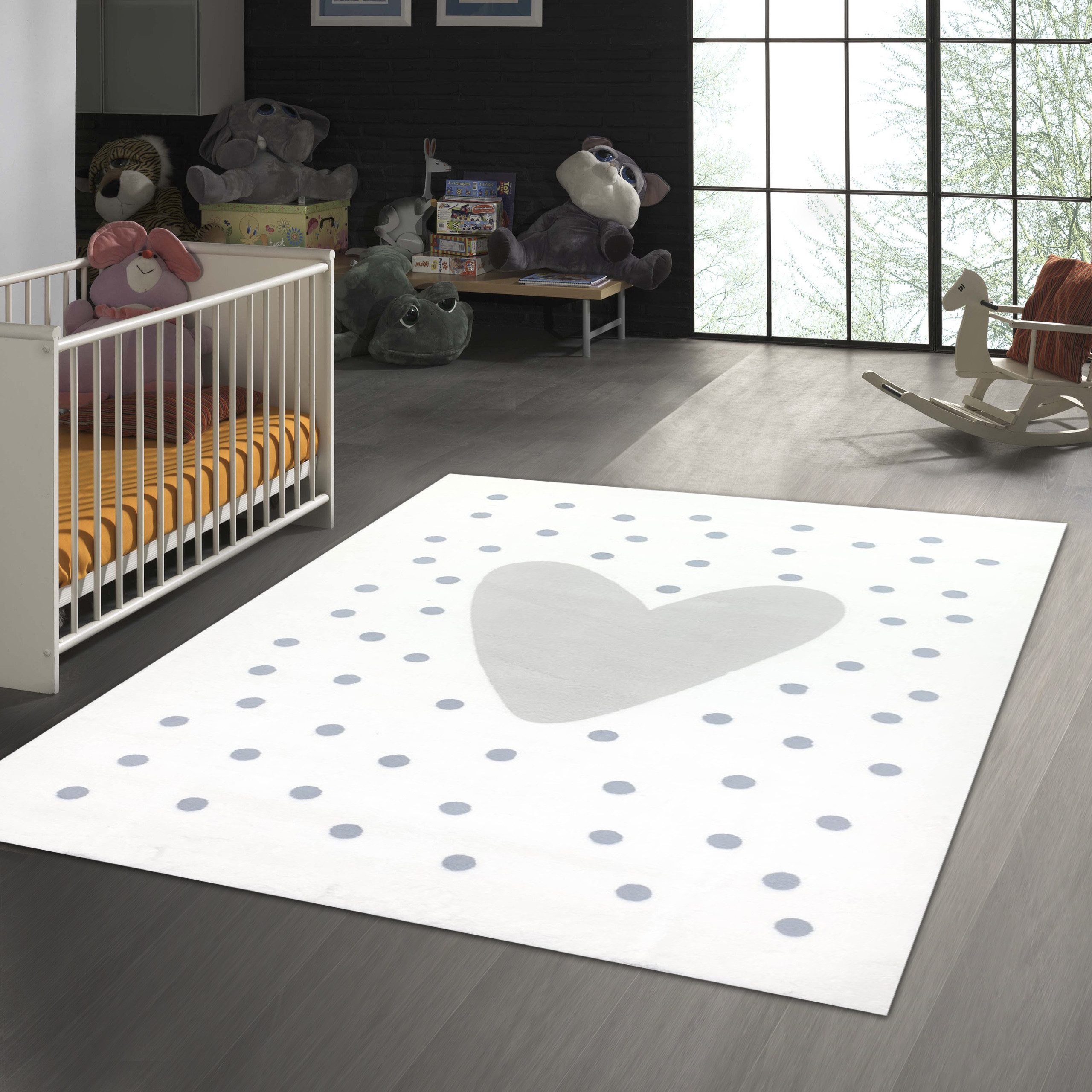 TeppichHome24 Teppich Kinder-Teppich mit Herz & Pünktchen design in creme und grau, rechteckig, Höhe: 18 mm