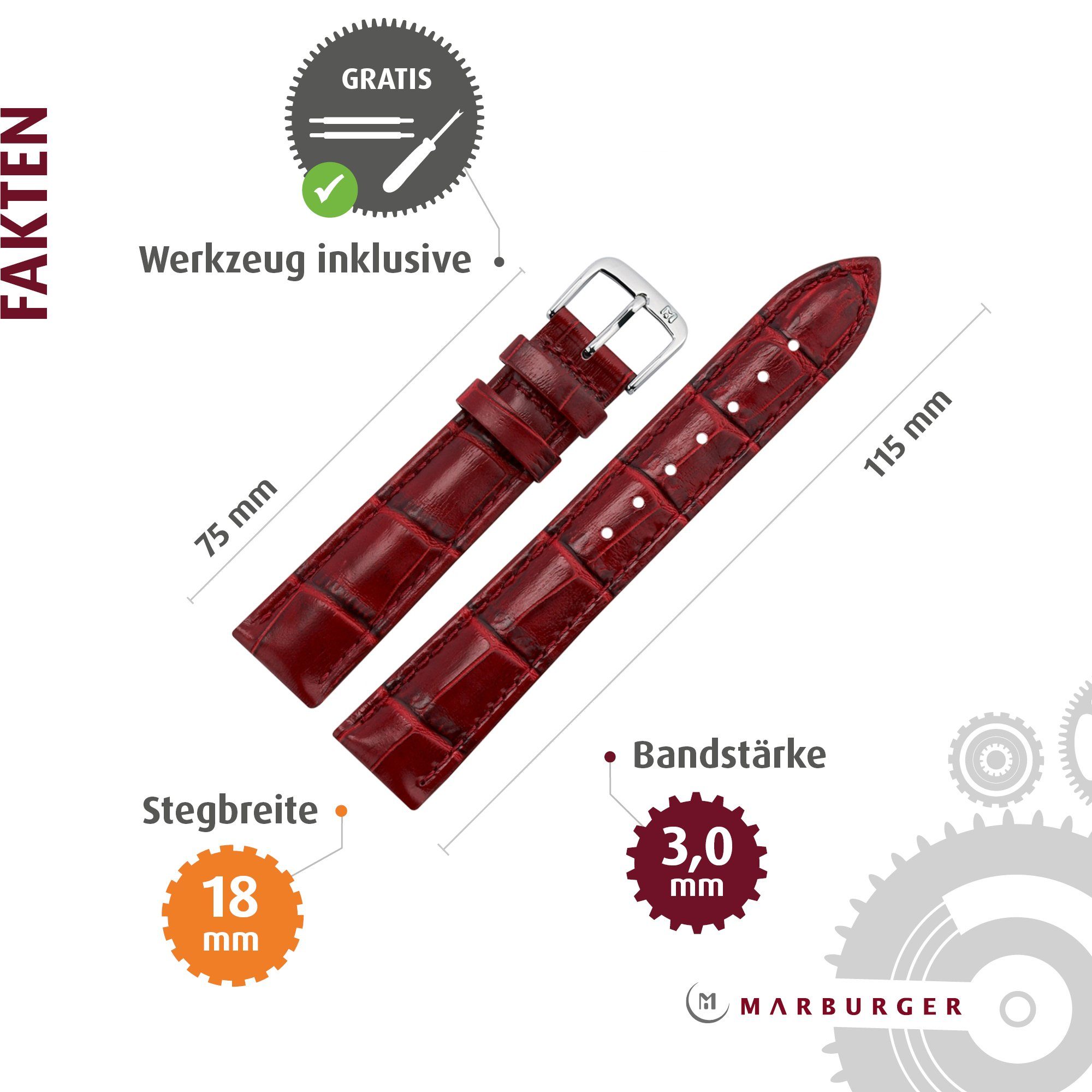 MARBURGER Uhrenarmband 18mm Leder Alligator Prägung