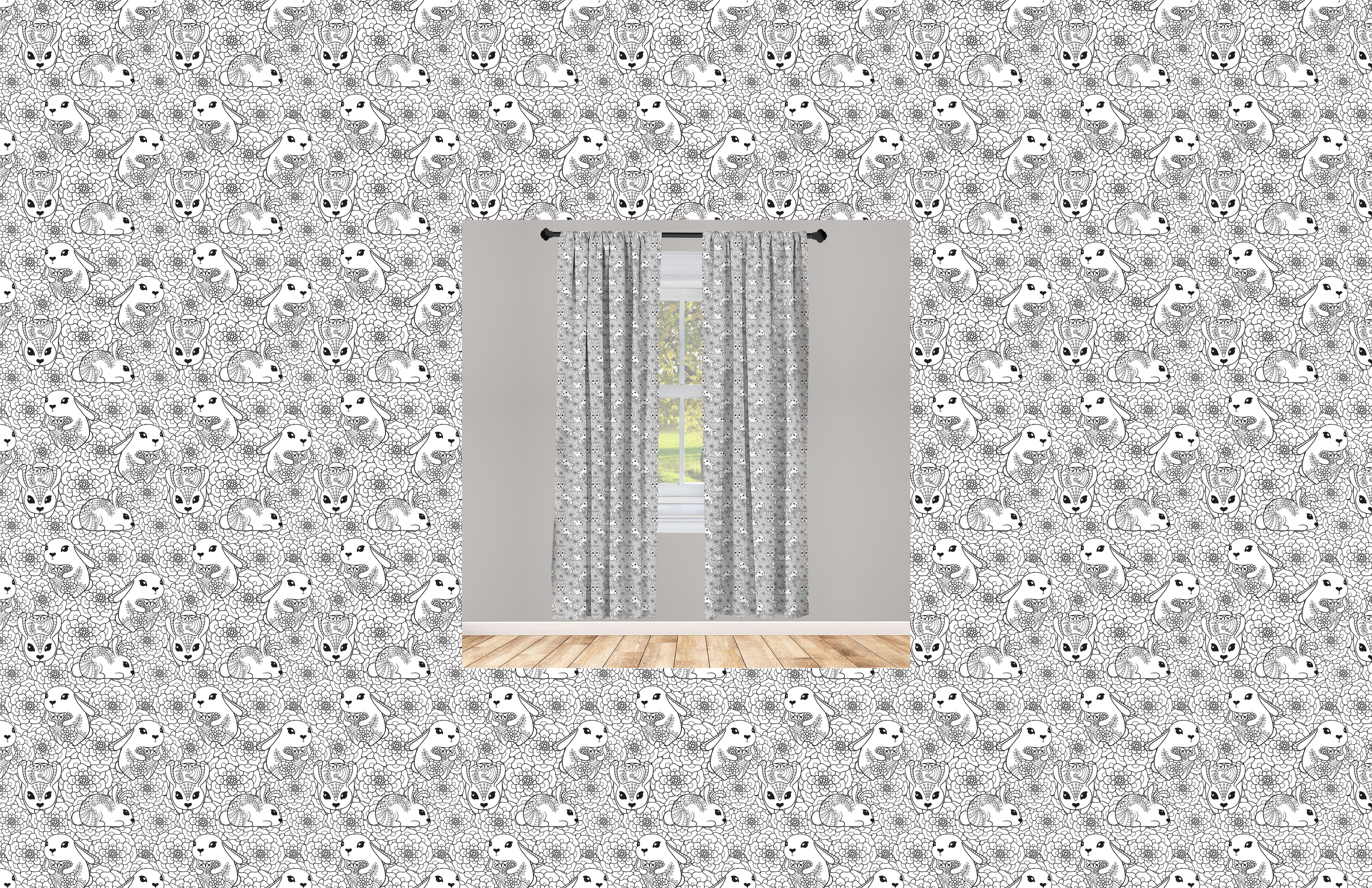 Gardine Vorhang für Wohnzimmer Schlafzimmer Dekor, Abakuhaus, Microfaser, Weiß Jumble Lustige Hasen Blumen
