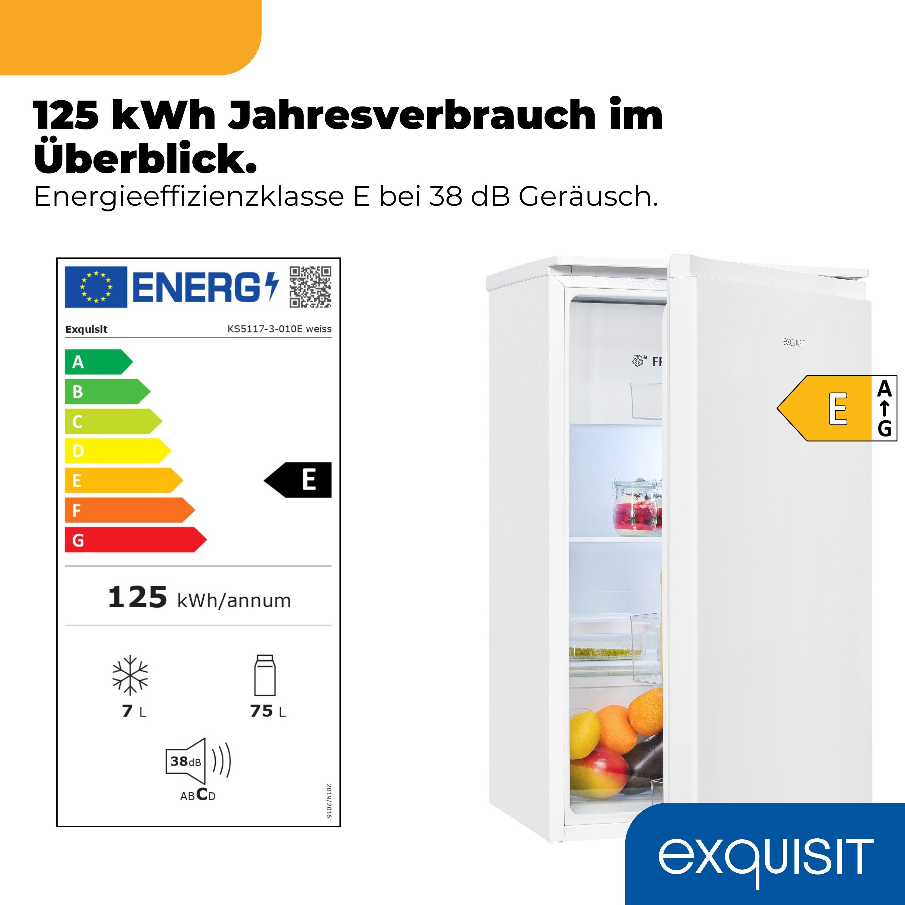 exquisit Kühlschrank KS5117-3-010E, 85 cm hoch, 48 cm breit, 82 Liter, Freistehend, 3-Sterne-Gefrieren, Türanschlag wechselbar