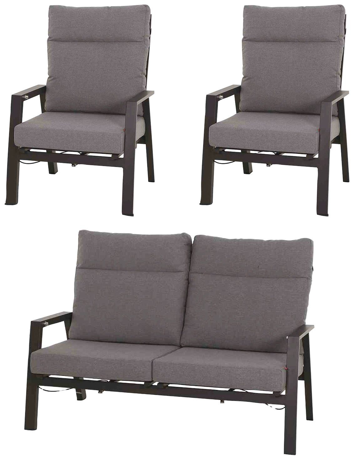 Siena Garden Gartenlounge-Set Valencia, (3-tlg., 1x Bank, 2x Sessel), Aluminium,verstellbar,inkl. Kissen in salt&pepper, mit Reißverschluss