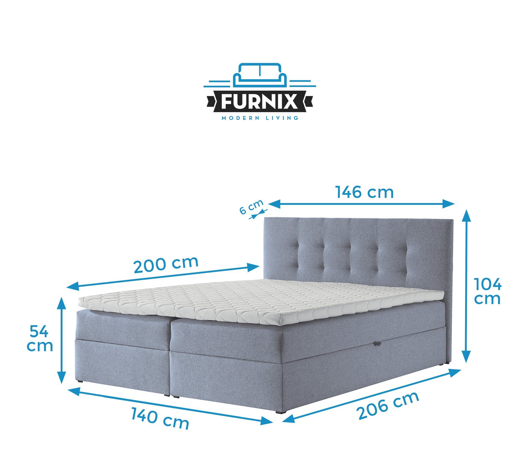 54 der Hellgrau cm Boxspringbett Furnix 140-180x200 tiefen 5 Bettkasten Liegefläche: und 2 + Auswahl, mit TREZO Topper Höhe