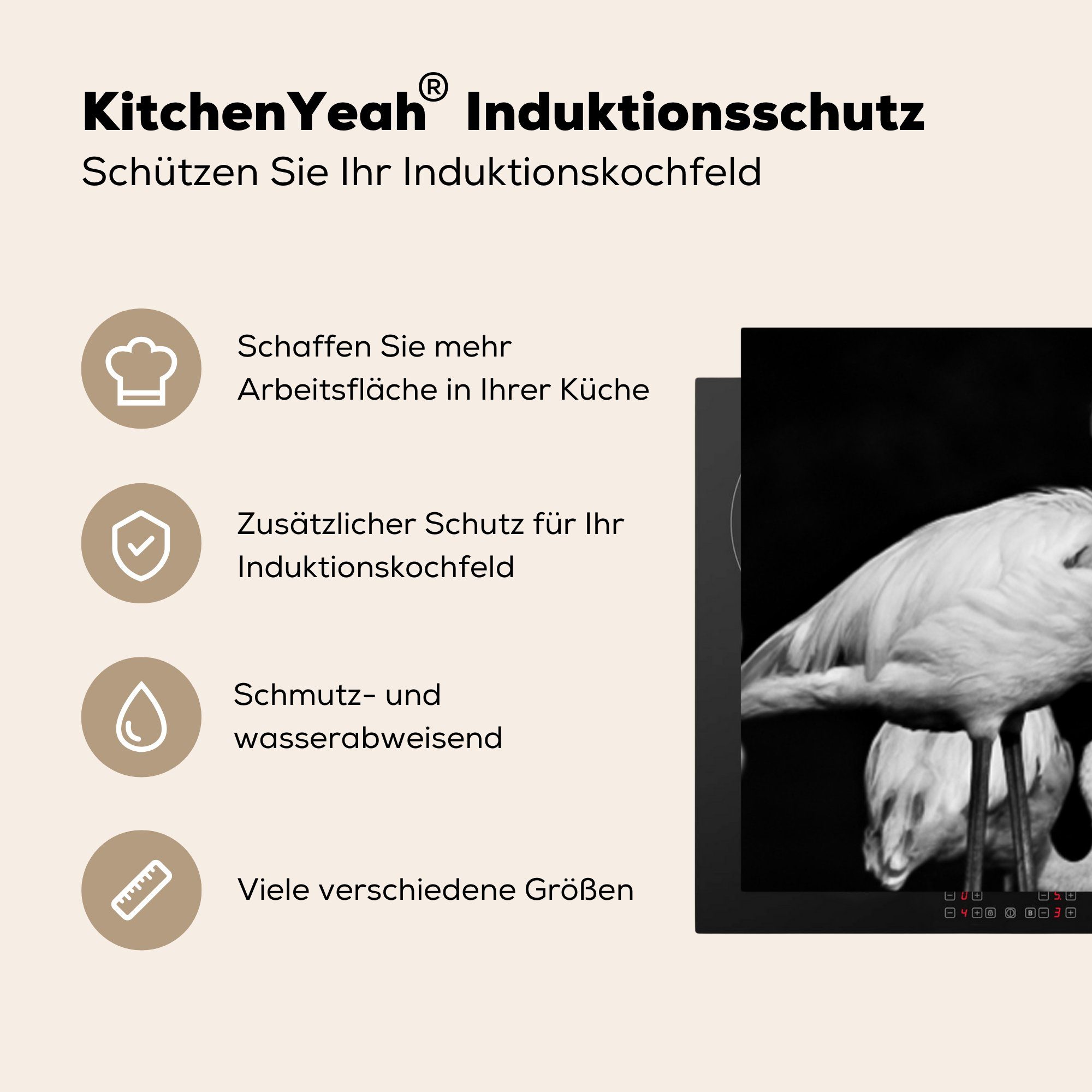 Induktionskochfeld Weiß, Schutz cm, (1 tlg), Vinyl, küche, Schwarz Flamingos für Ceranfeldabdeckung die 81x52 in und Herdblende-/Abdeckplatte MuchoWow