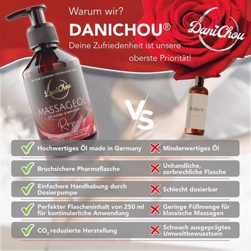 DaniChou Massageöl Rose - Natürliches Massageöl mit Jojobaöl & Mandelöl 250 ml, 1-tlg., Betörender Rosenduft - Für eine luxuriöse Entspannung