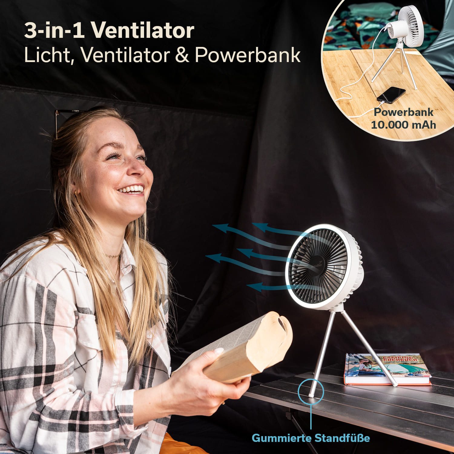 Skandika LED Gartenleuchte Campinglampe Solvind mit Ventilator, Dreistufig dimmbar, mit Tischventilator & Powerbank, Ringlicht weiß, mit USB Typ C