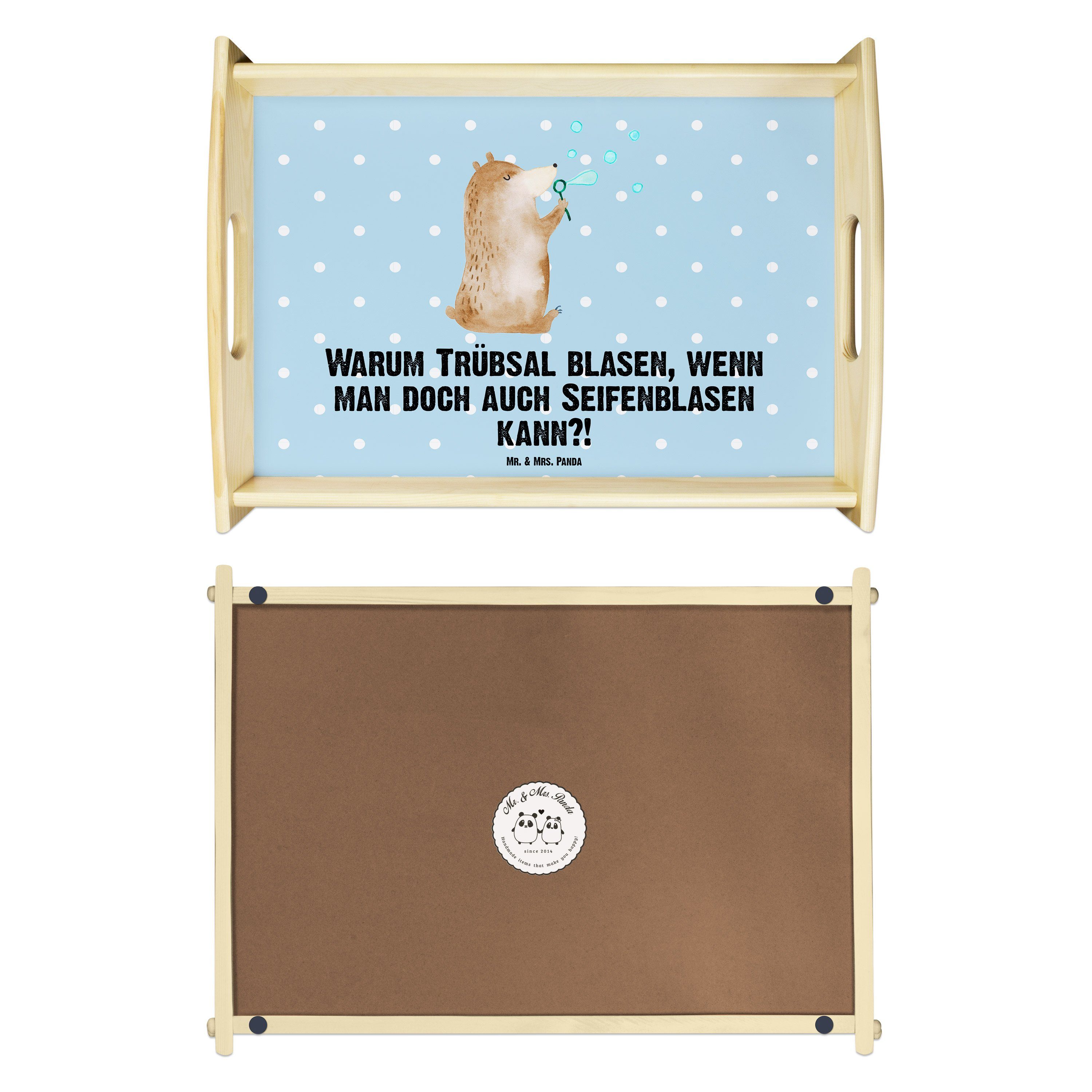 Mr. & Mrs. Panda Tablett Bär Teddy, Pastell Blau - Frühstückstablett, - Echtholz Seifenblasen Geschenk, (1-tlg) lasiert