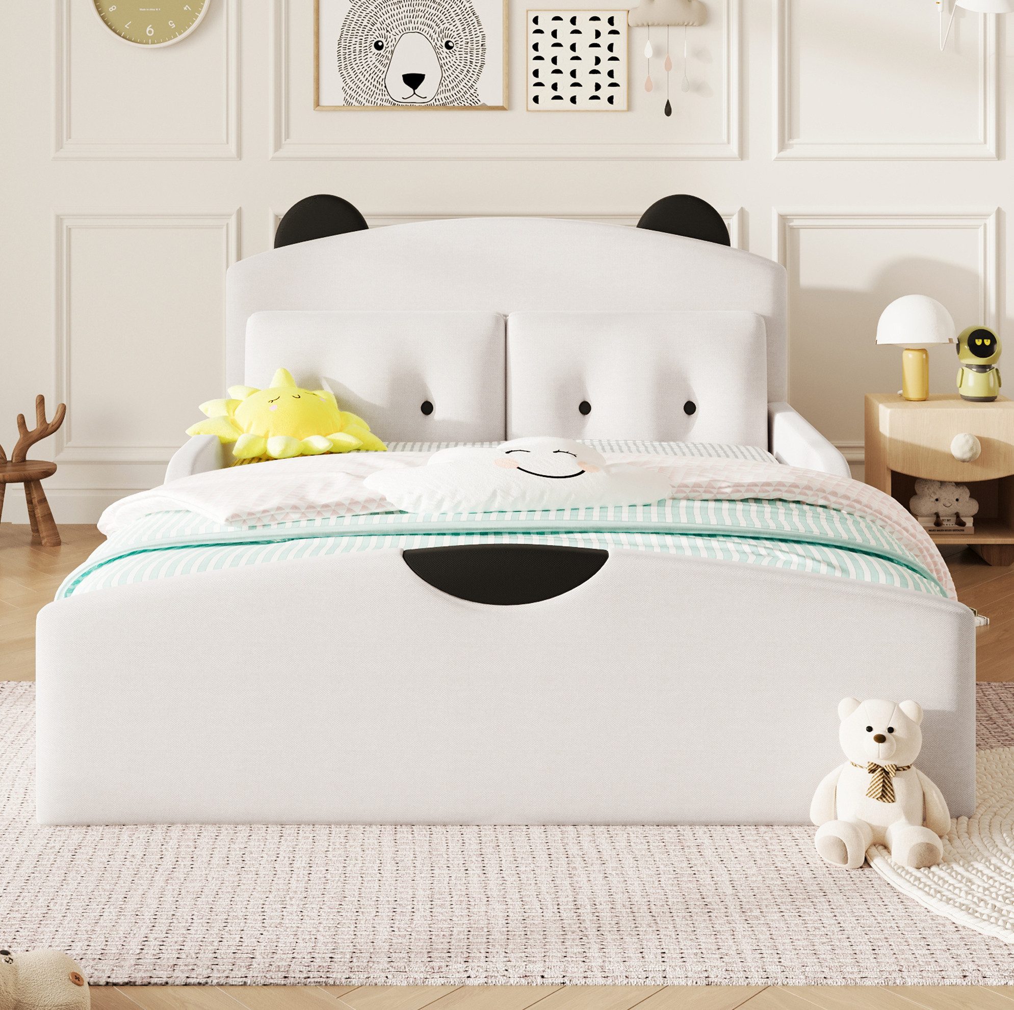 OKWISH Polsterbett Plattformbett mit Leinenbezug 140×200 cm Weiß Ohne Matratze (Packung, 1-tlg., Schlafbett mit weicher Stoffoptik für gemütliche Zimmer Zuhause), Bett mit Bären Kopfteil und zwei Zierkissen für Schlafräume