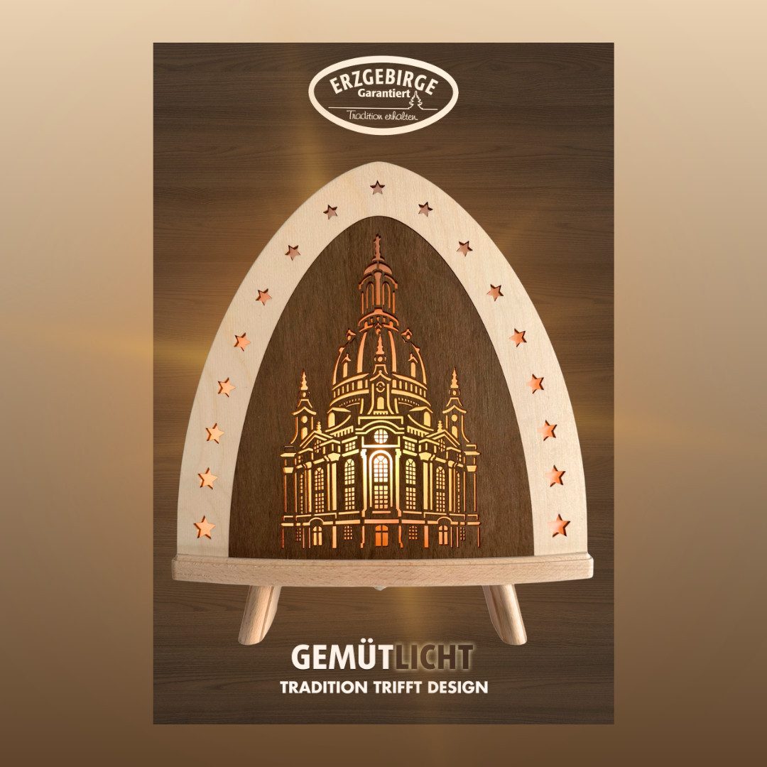 Weigla LED Dekolicht Dresdner Frauenkirche, Dekolampe aus Holz, NATUR-BRAUN, LED wechselbar, Holzkunst aus dem Erzgebirge