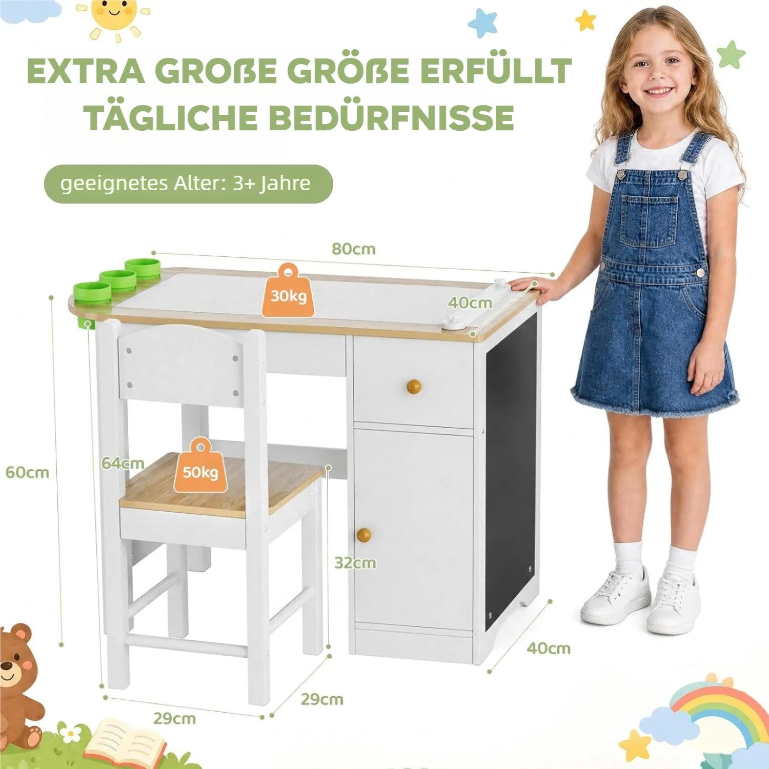 TLGREEN Kindersitzgruppe Kinder Tisch Stuhl Set 1 Stuhl 80×40×60cm, (Multifunktionaler Maltisch mit Kreidetafel & Papierrollenhalter, Viel Stauraum mit Schublad – Bild 2 von 5