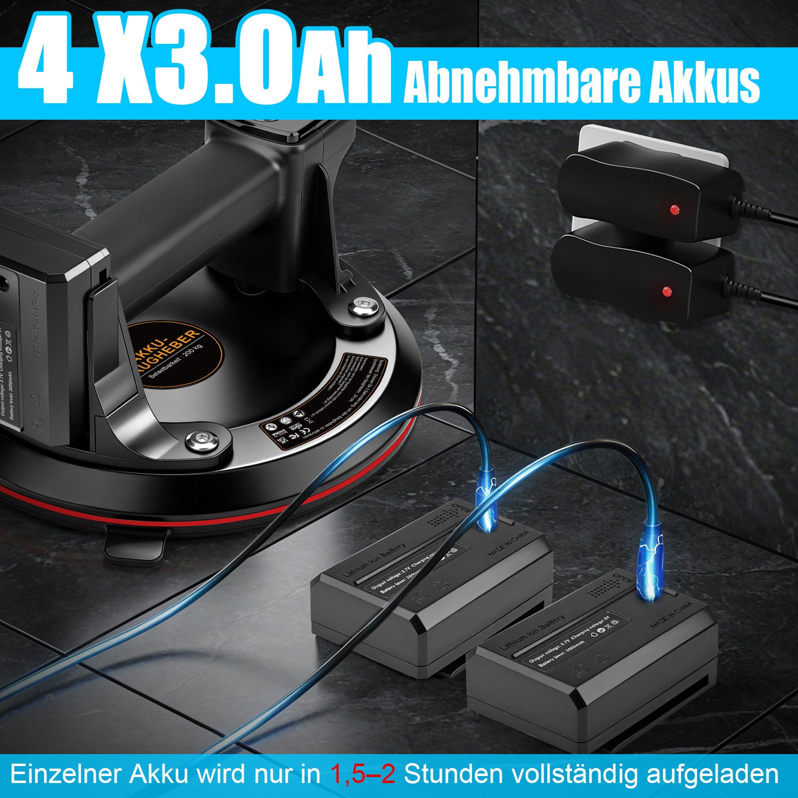 XERSEK Saugheber 2er-Set Elektro Vakuumheber mit 4x3,0Ah Akkus, Fliesenheber Glassauger, max. 200 kg Traglast, -], Automatische Nachsaugung, 20cm NBR-Kautschukauflage, Flexibel f. Glasplatten Fliesen Autoscheiben Granit MDF Sperrholz usw.