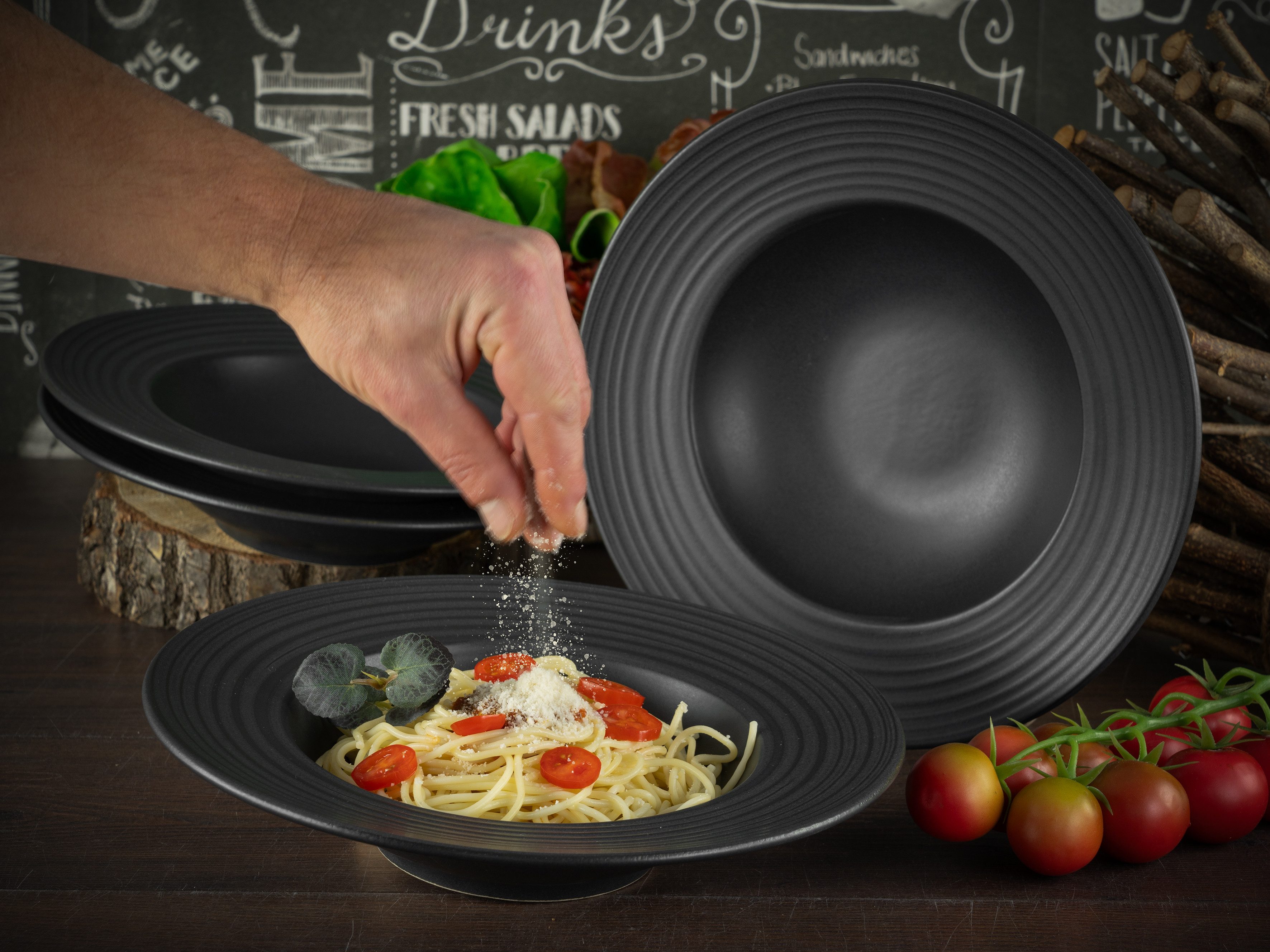 CreaTable Pastateller Lava Stone Black, Pasta Gourmetteller Set 4-tlg, (4 St), Teller Set, Seidenmatte Glasur