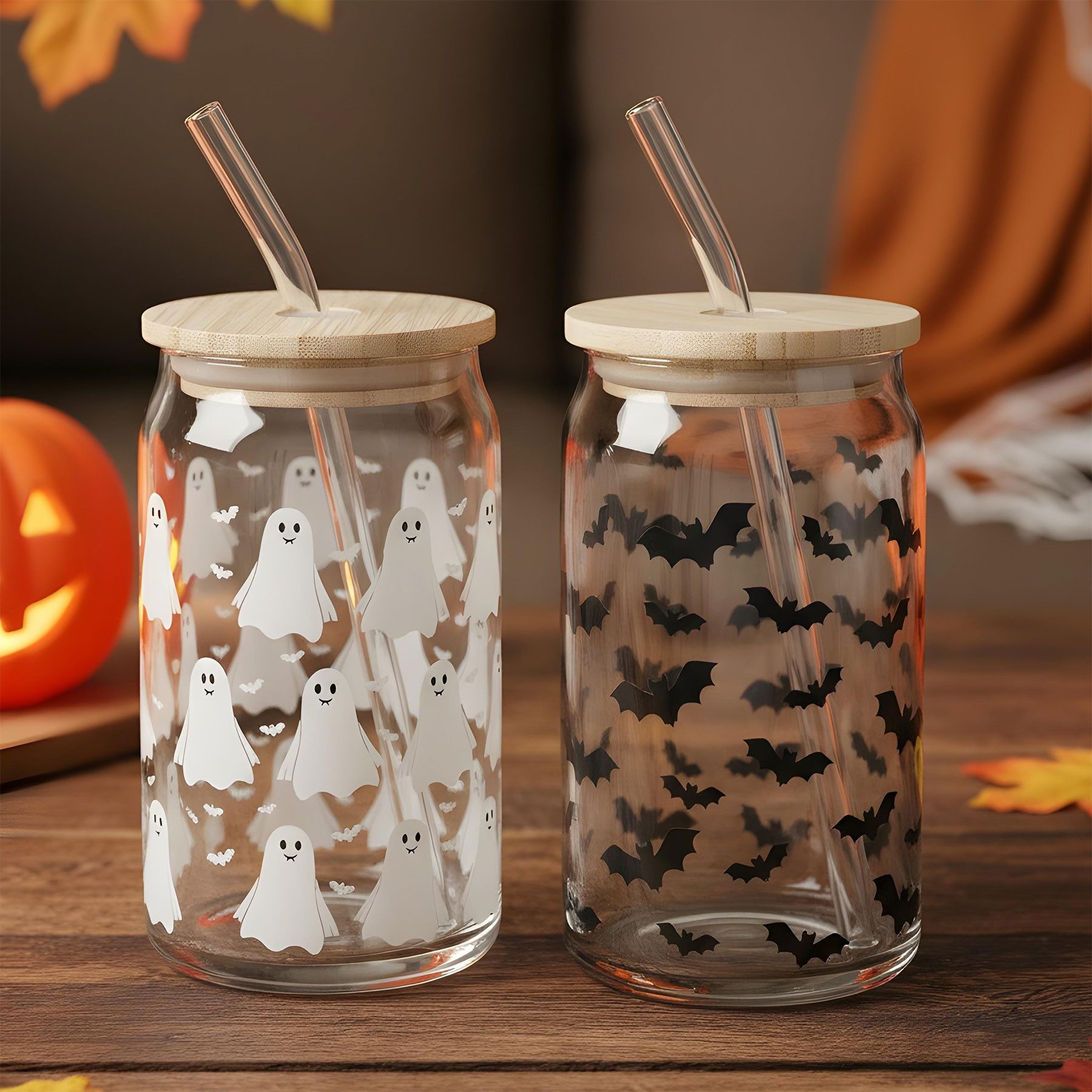 Levandeo® Glas, 2er Set Trinkglas 440ml Halloween Glas-Strohhalm Bambusdeckel