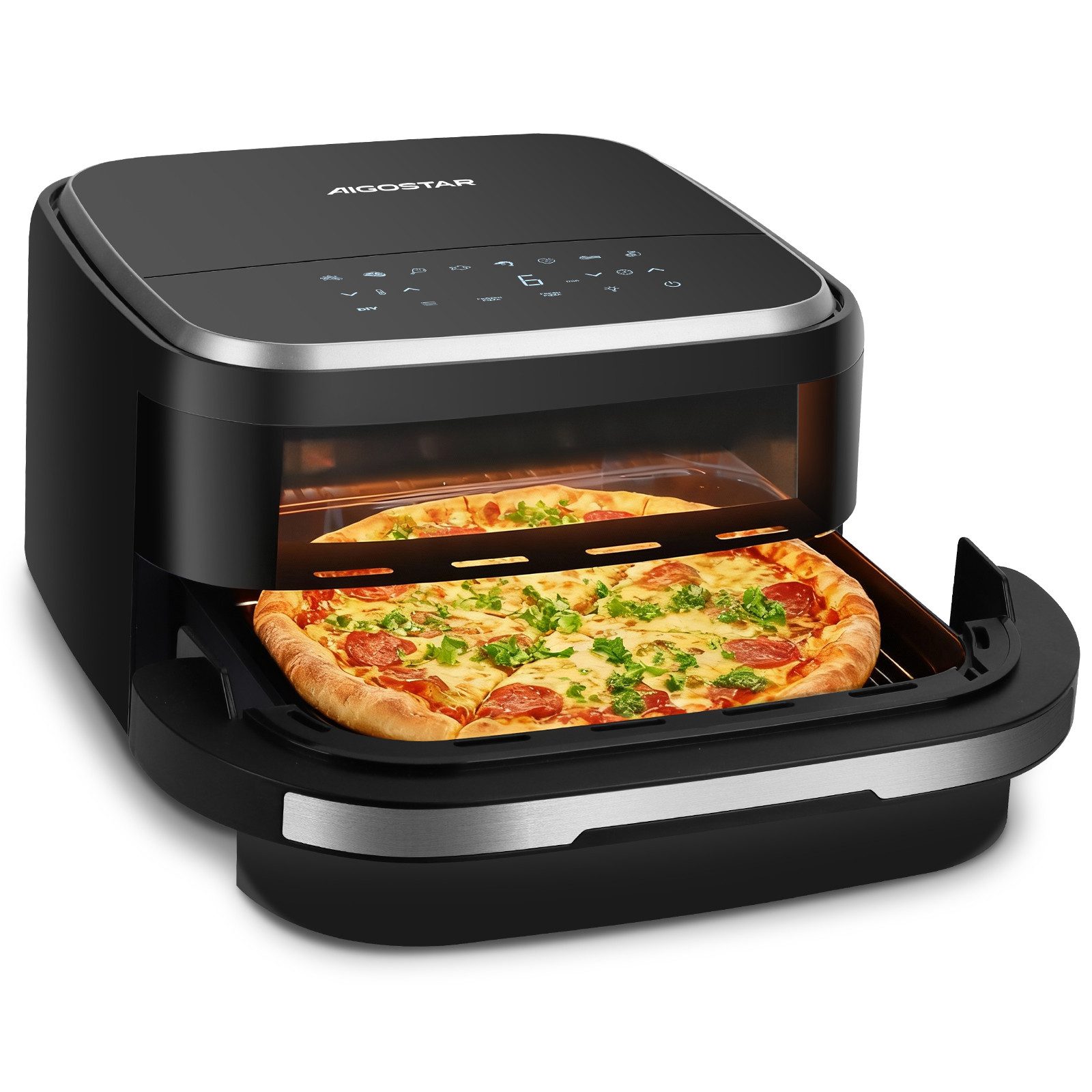 Aigostar Heißluftfritteuse XL 745 cm² Garfläche, Pizzafunktion, 2200 W, leiser, Extra-Crisp Technologie, Touchscreen, Metall-Innenraum