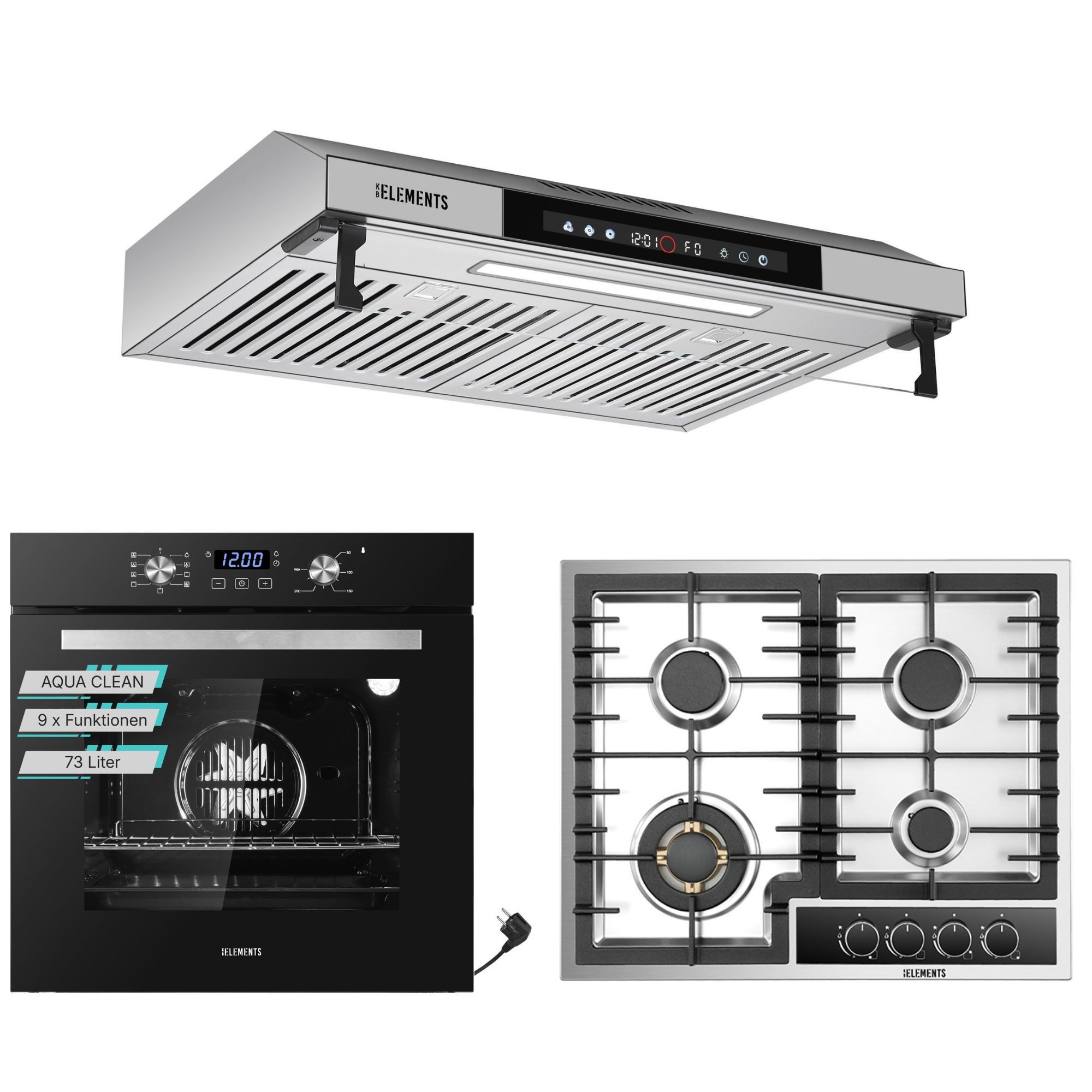 KB Elements Backofen-Set Einbaubackofen 60 cm mit Gaskochfeld 4 Flammig, Steam Clean, Air Fry, Steam Clean, 8 kW Gaskochfeld, Edelstahl 304