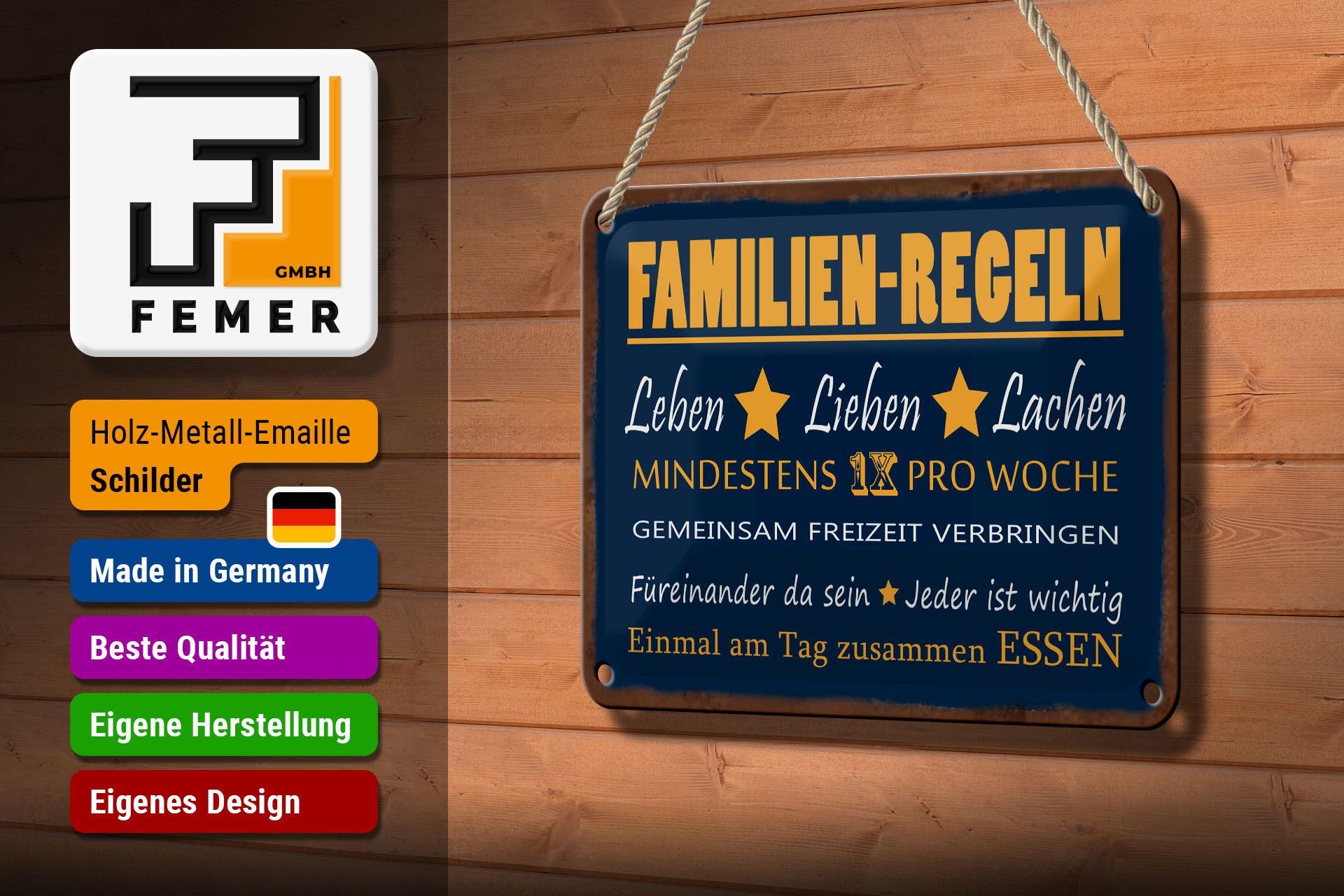 Femer GmbH Metallschild Spruch 12x18 cm Familien Regeln Einmal zusammen essen, (1 St), gewölbte Oberfläche, abgerundete Ecken, umgeschlagene Kanten