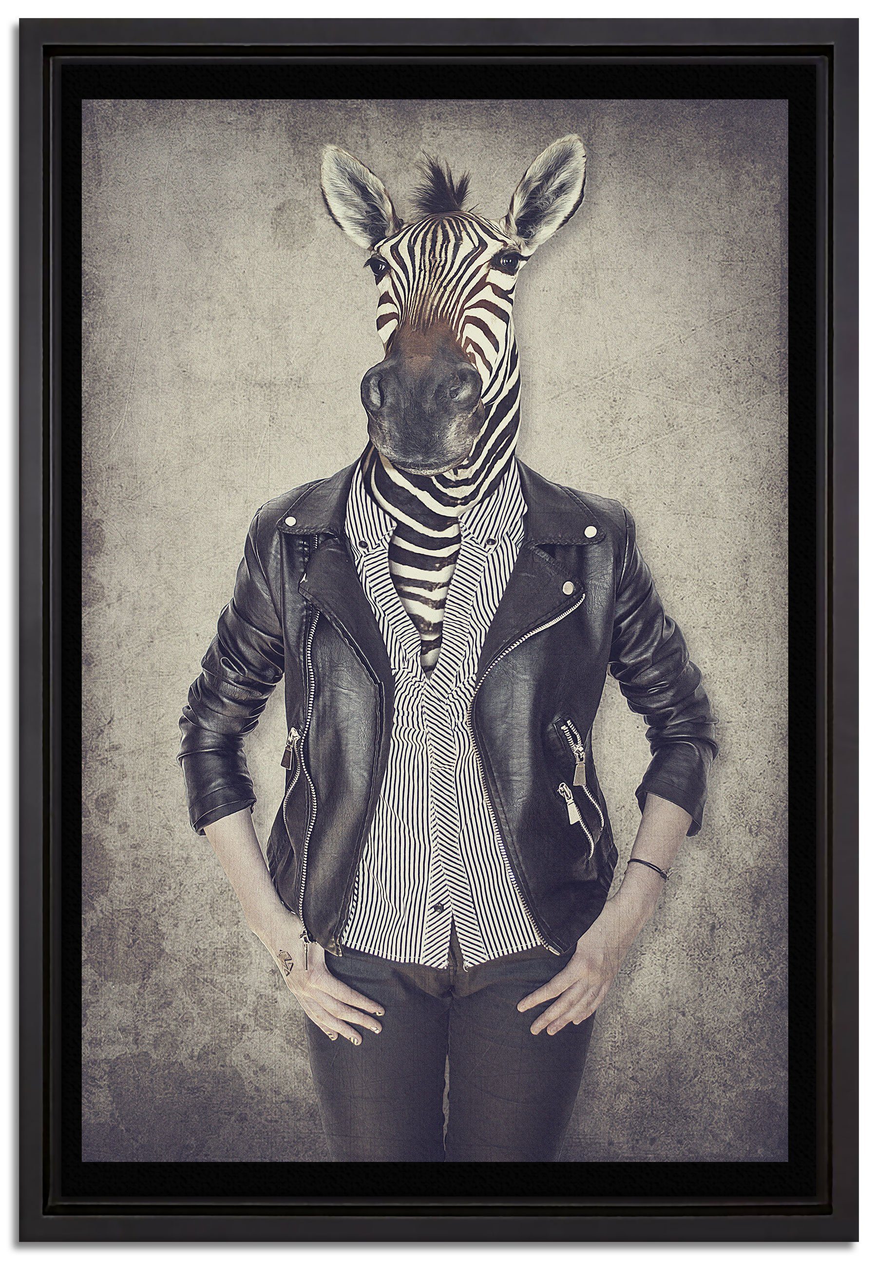 Pixxprint Leinwandbild Zebrakopf Menschenkörper mit Lederjacke, Wanddekoration (1 St), Leinwandbild fertig bespannt, in einem Schattenfugen-Bilderrahmen gefasst, inkl. Zackenaufhänger