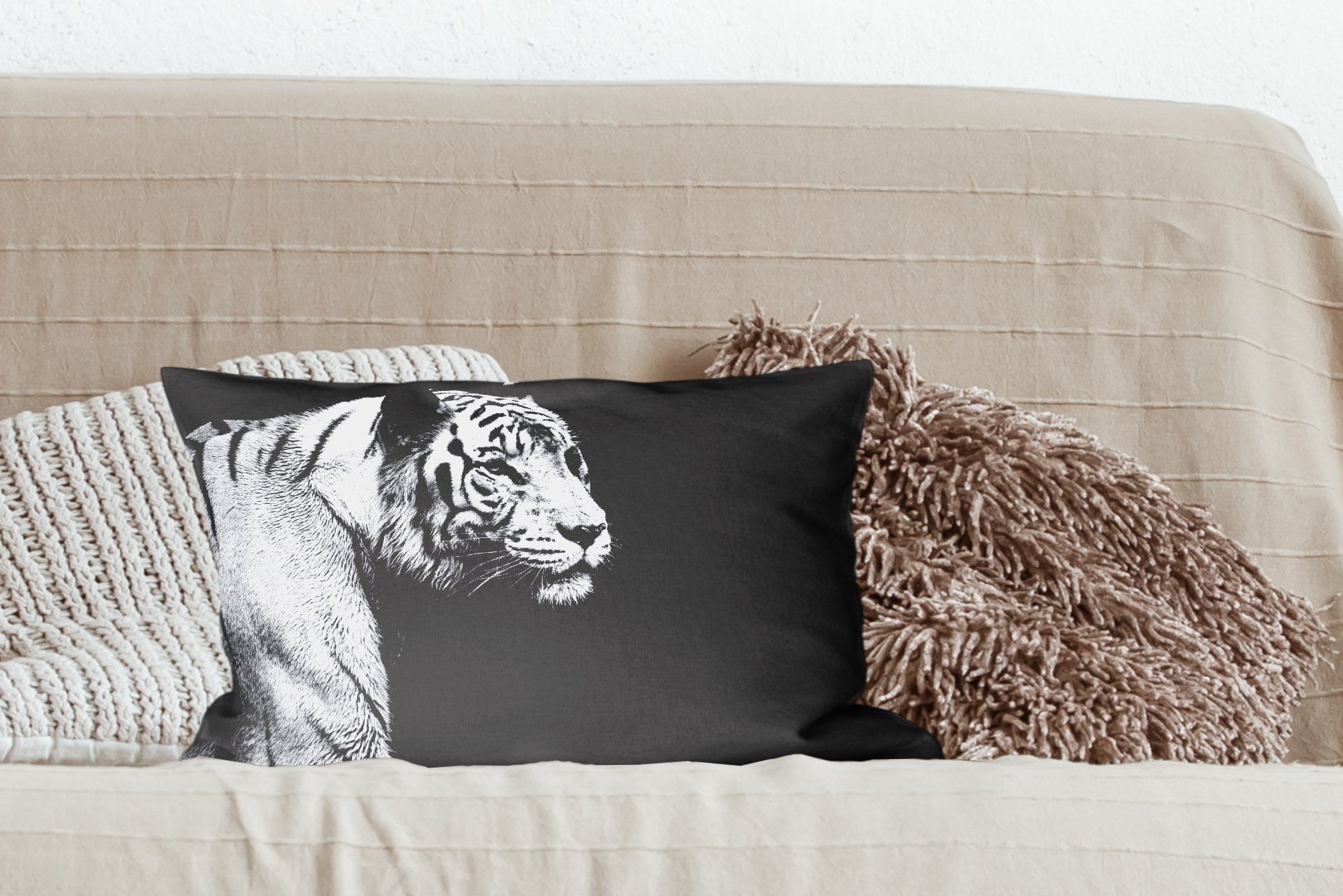 Dekokissen Tiger mit MuchoWow und Tierprofil Schlafzimmer Wohzimmer Dekoration, in schwarz Dekokissen weiß, Zierkissen, Füllung,