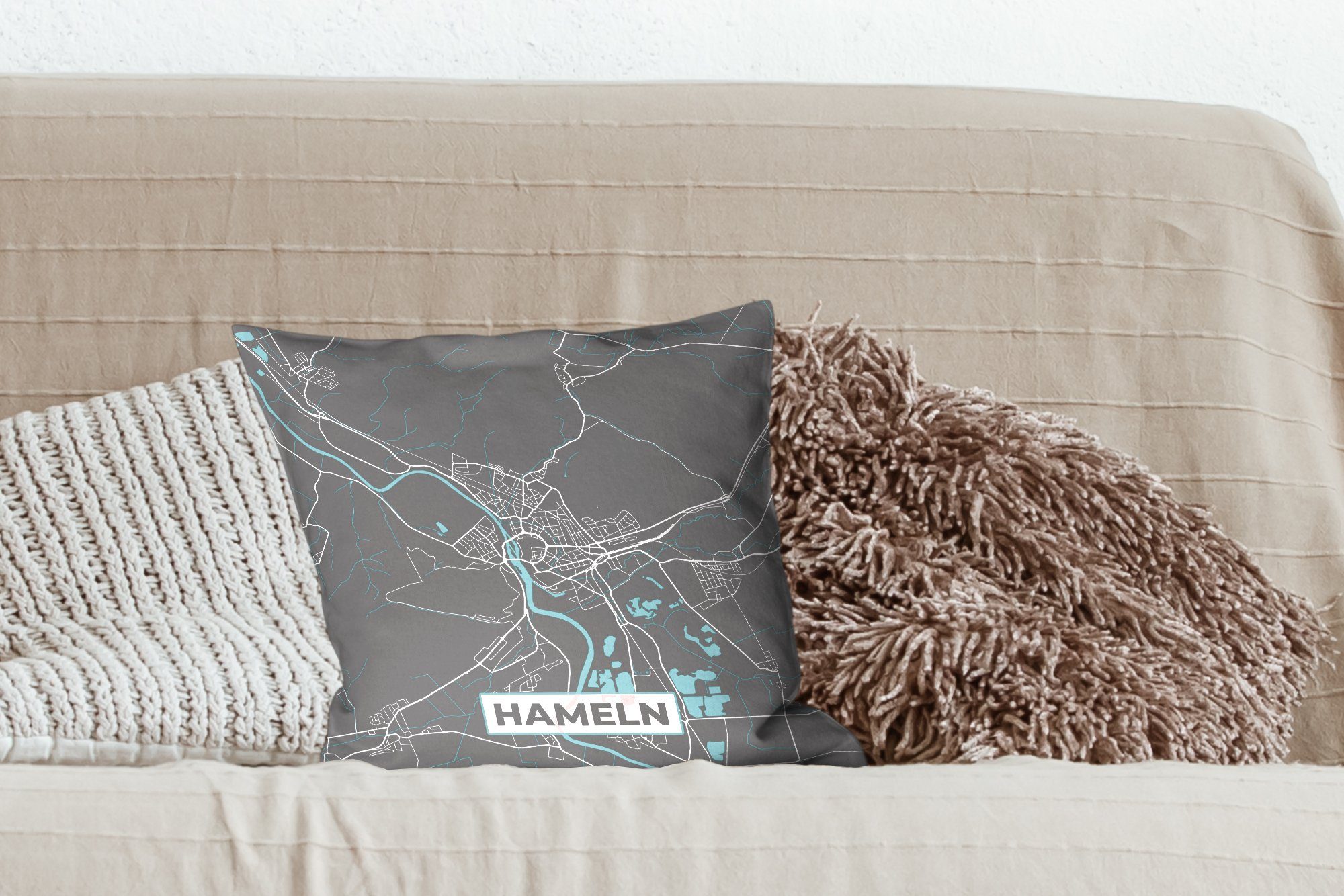 Hameln - Deutschland - - - Blau Dekokissen Füllung MuchoWow Schlafzimmer, Karte, mit Sofakissen Wohzimmer, Deko, Stadtplan für Zierkissen