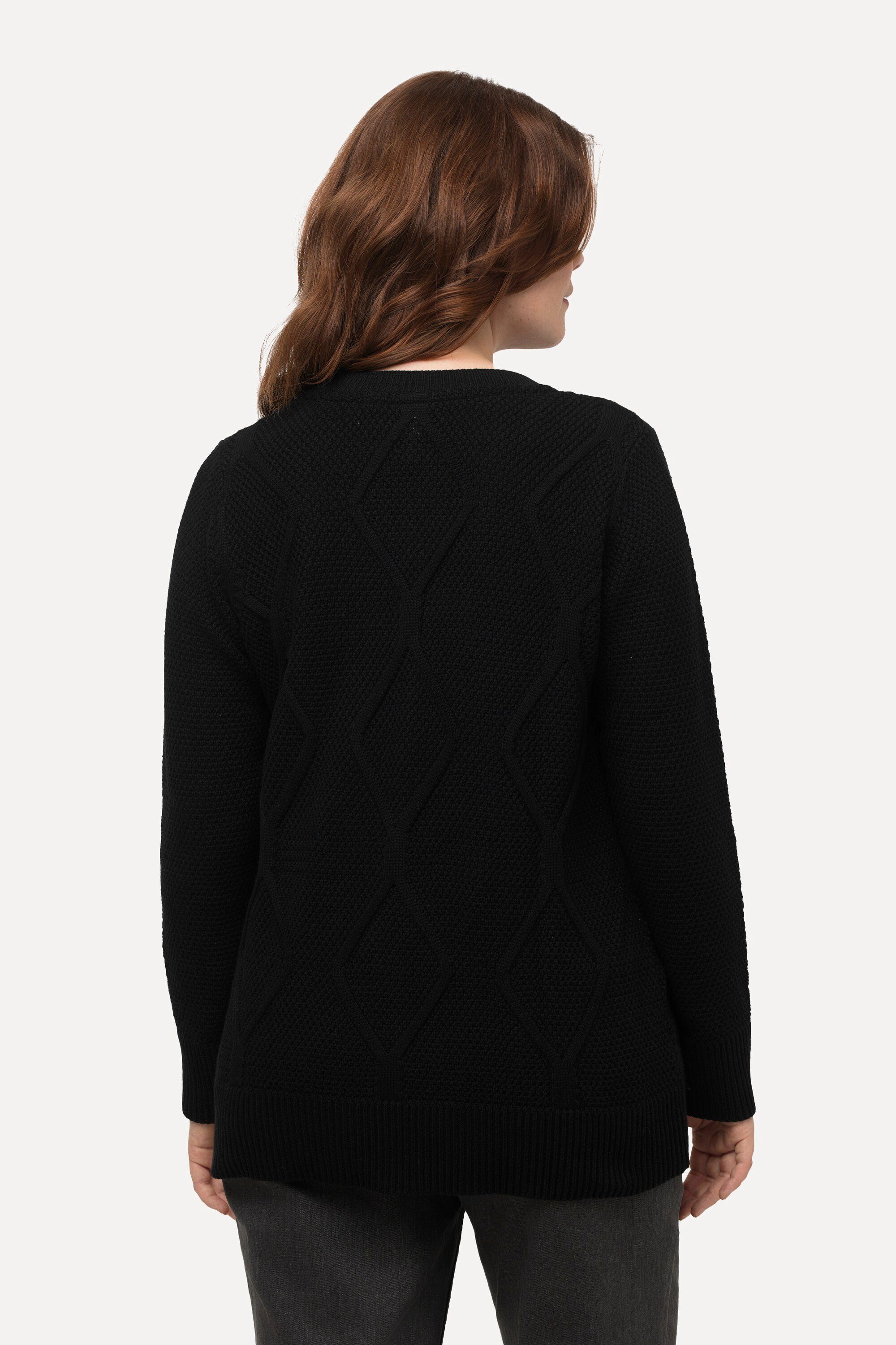 Ulla Popken Tunika-Ausschnitt Strickpullover Zopfmuster Langarm schwarz Pullover