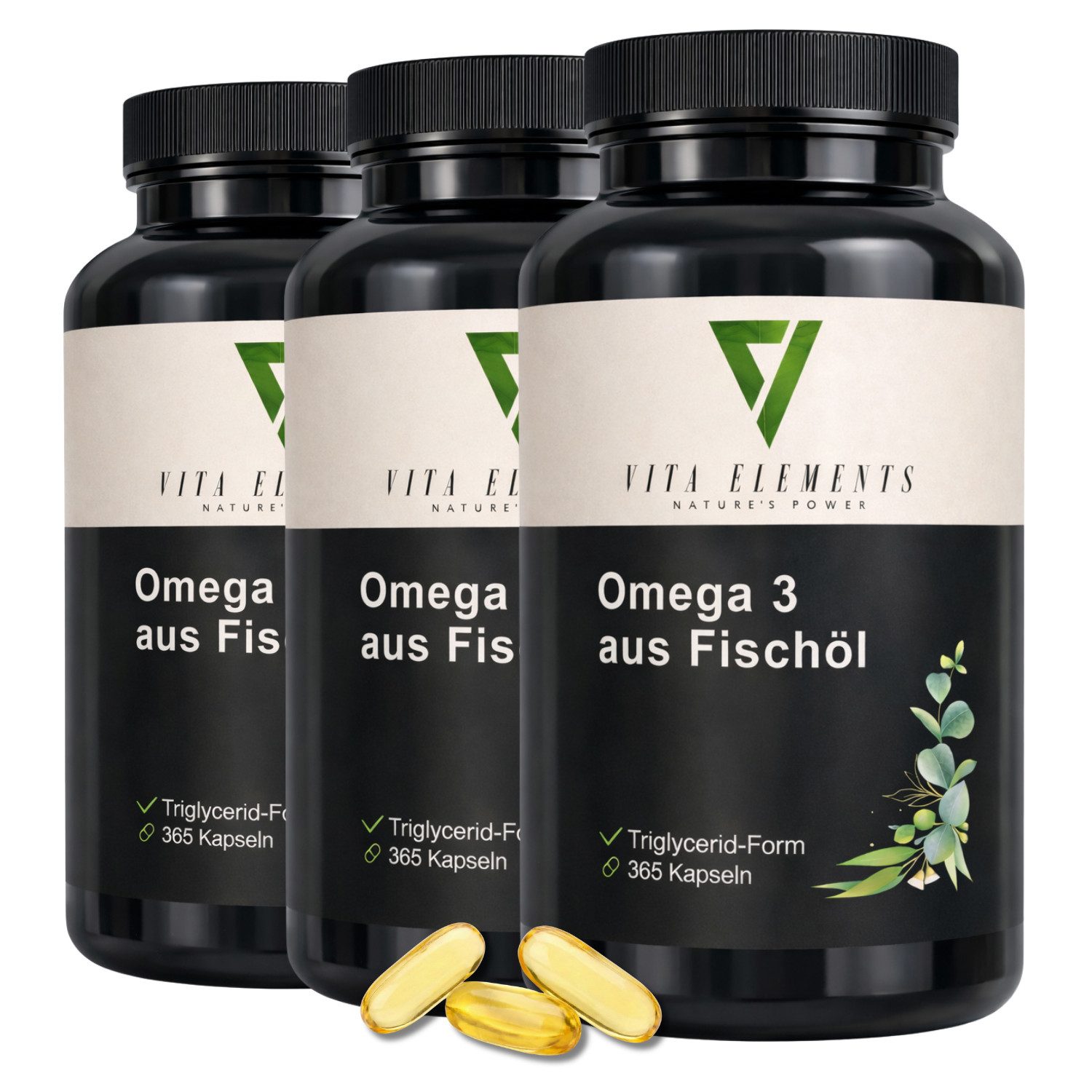 Vita Elements Omega 3 aus Fischöl - 600mg EPA & DHA in Triglycerid-Form, 1095 Kapseln, 3 er Spar-Set à 365 St., Hochdosiert, Ohne unnötige Zusatzstoffe, Laborgeprüft in Deutschland