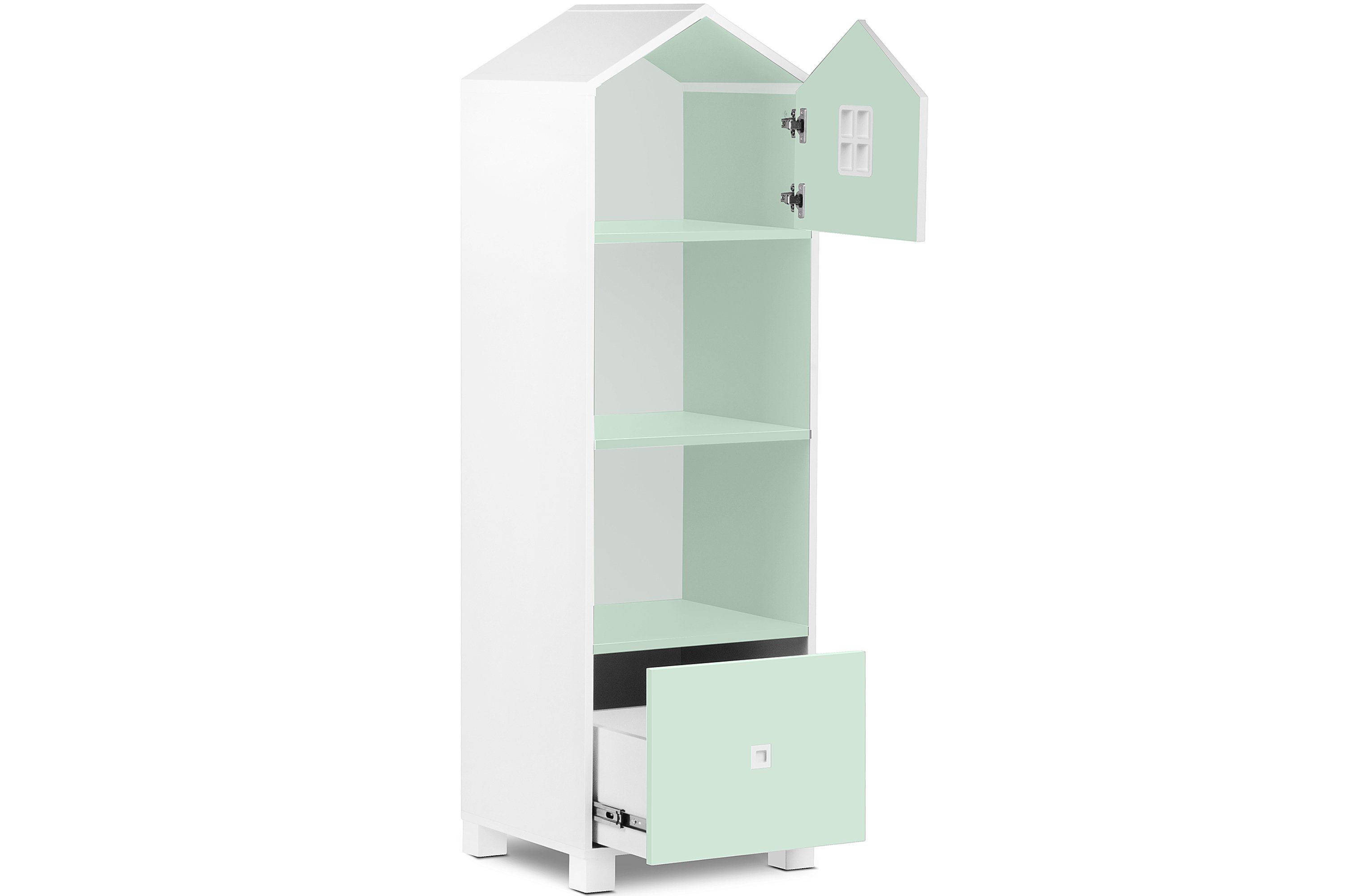 Konsimo Babyzimmer-Komplettset Schreibtisch, mint Kinderzimmer-Möbelset Bücherregal, / dunkel Kommode, Komplett-Kinderzimmer, 2x Rollcontainer MIRUM / Kleiderschrank, weiß grau (6-St)