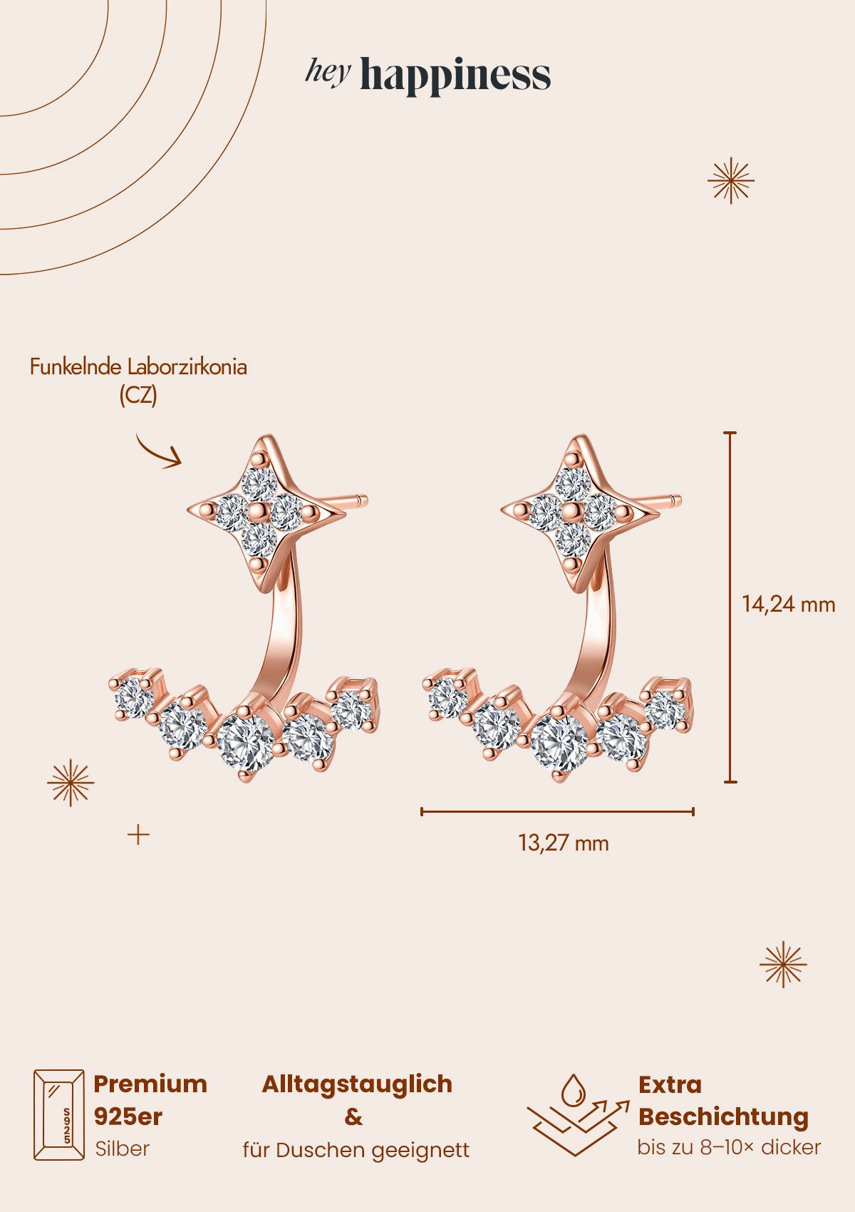 Hey Happiness Paar Ohrhänger Cosmic Kristall Stern, Ear Jacket Ohrringe Silber 925 für Damen, vergoldet